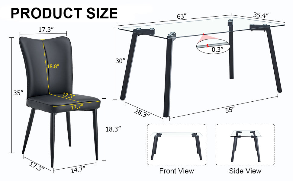 Table And Chair Set. 1 Table And 4 Black Chairs. Glass Dining Table With 0.31 Inch Tempered Glass Tabletop And Black Coated Metal Legs. Equipped With Black Pu Chairs 1123 008 Transparent Glass