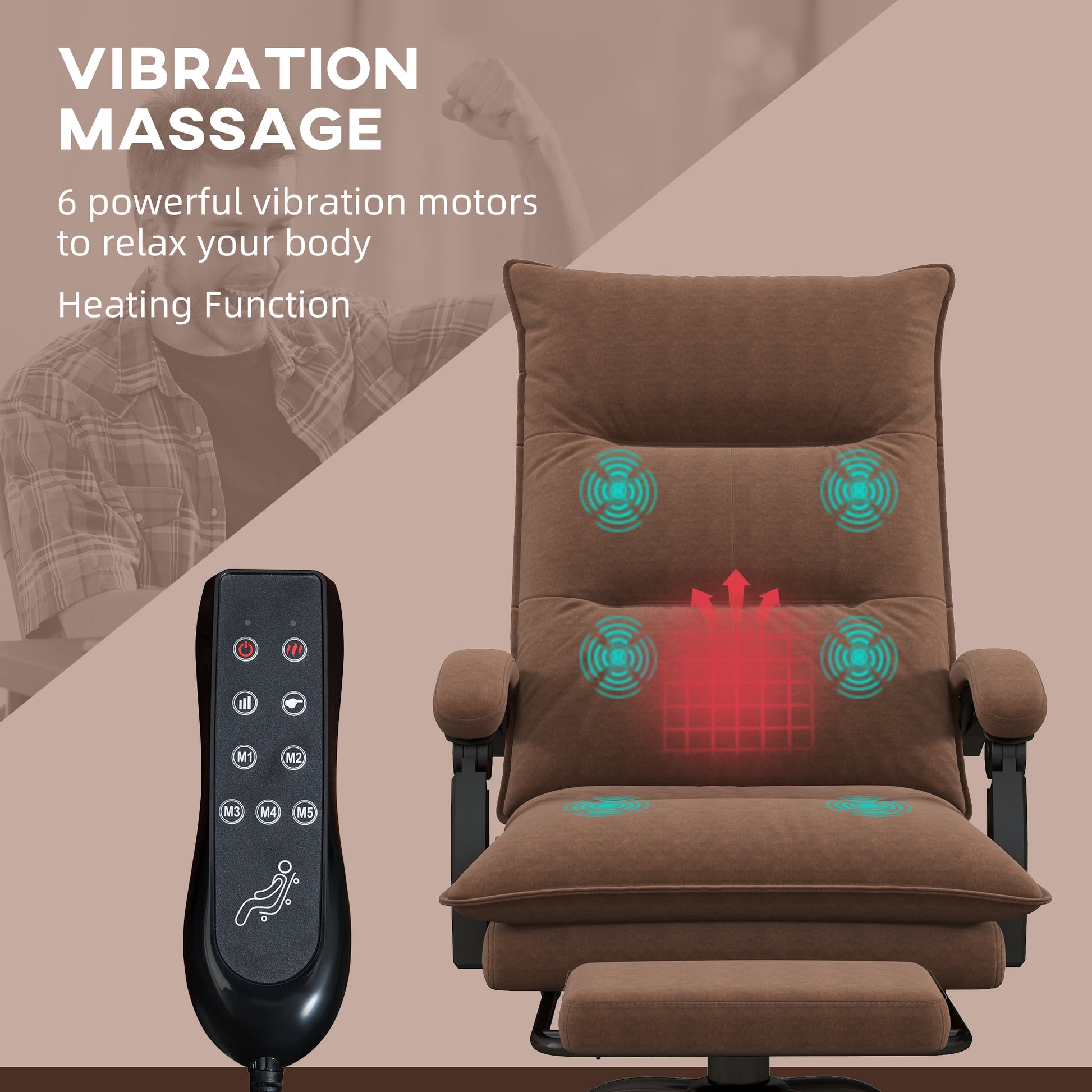 Executive Massage Office Chair With 6 Vibration Points, Microfiber Computer Desk Chair, Heated Reclining Chair With Footrest, Armrest, Double Padding, Brown Brown Polyester