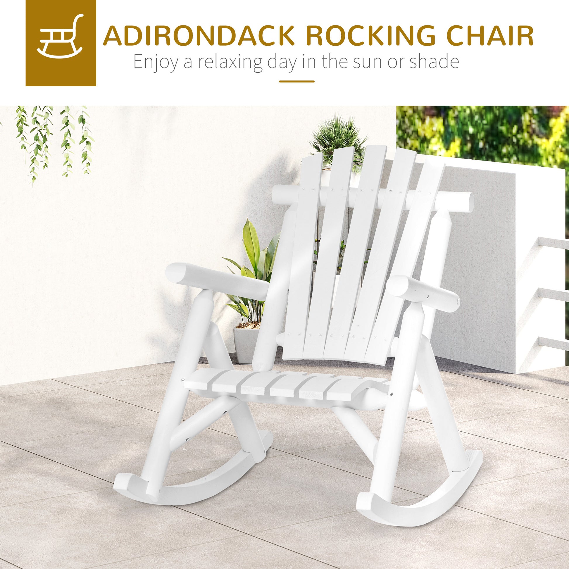 Outdoor Wooden Rocking Chair, Rustic Adirondack Rocker With Slatted Seat, High Backrest, Armrests For Patio, Garden, And Porch, Large, White White Wood