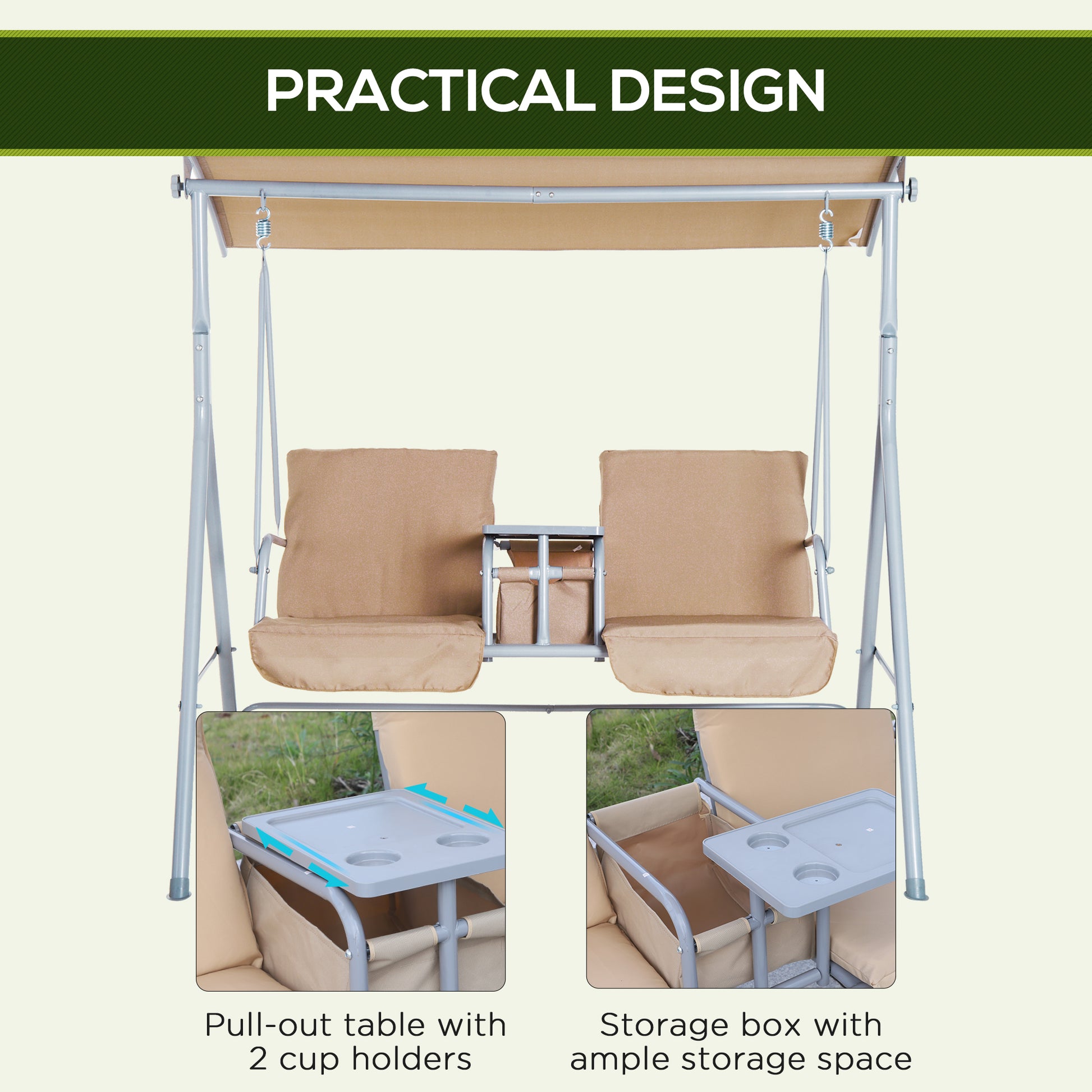 2 Person Porch Swing With Stand, Outdoor Swing With Canopy, Pivot Storage Table, 2 Cup Holders, Cushions For Patio, Backyard, Beige Beige Steel