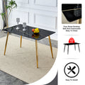 Modern Minimalist Rectangular Black Imitation Marble Dining Table, 0.3 Inches Thick, Gold Color Metal Legs, Suitable For Kitchen, Dining Room, And Living Room 51.2