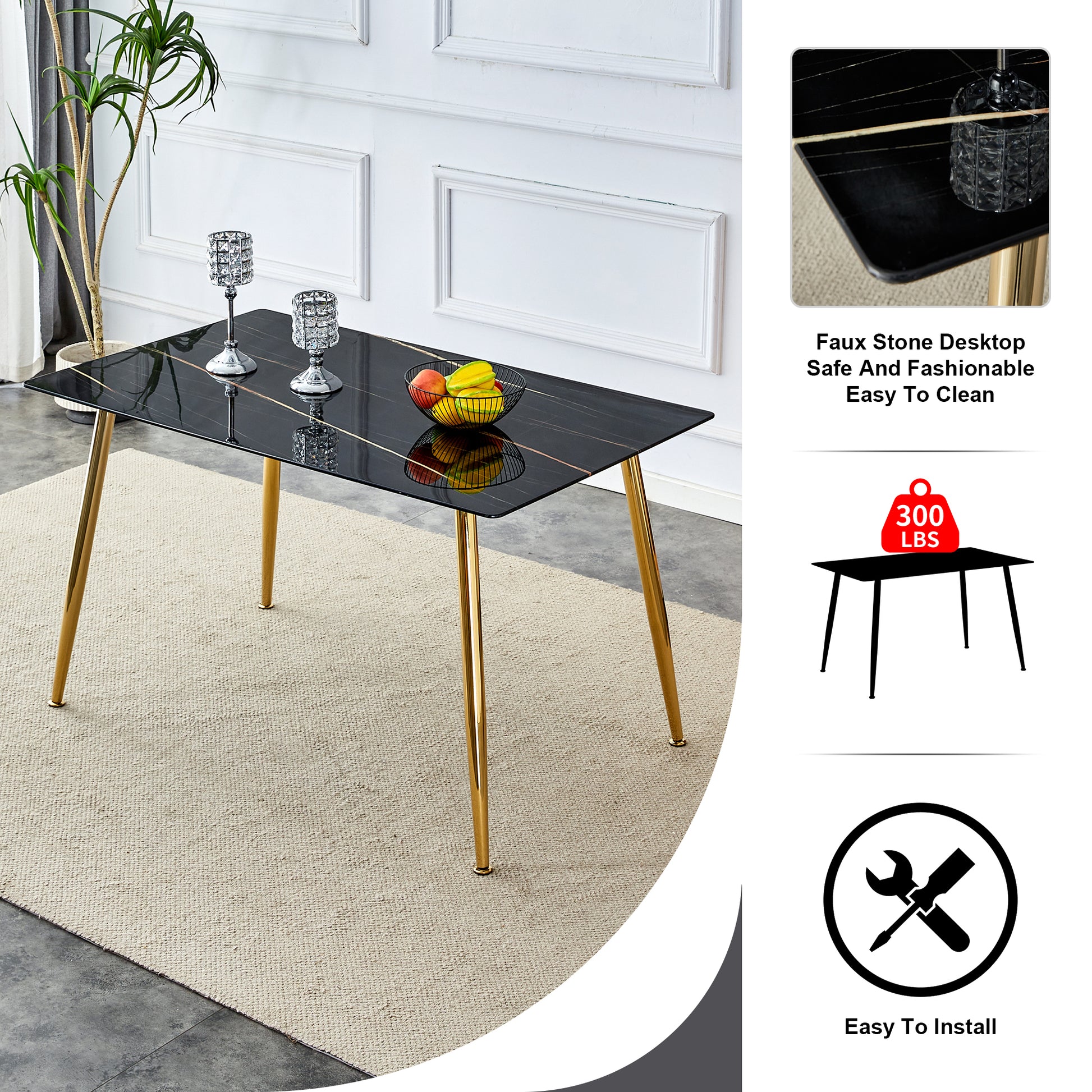 Modern Minimalist Rectangular Black Imitation Marble Dining Table, 0.3 Inches Thick, Gold Color Metal Legs, Suitable For Kitchen, Dining Room, And Living Room 51.2"* 31.5" * 29.8 "Dt 1544 Black Glass