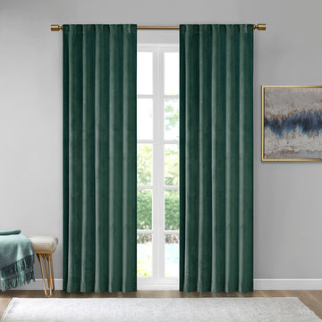 Room Darkening Poly Velvet Rod Pocket Back Tab Curtain Panel Pair 2 Pcs Window Panels Green Polyester