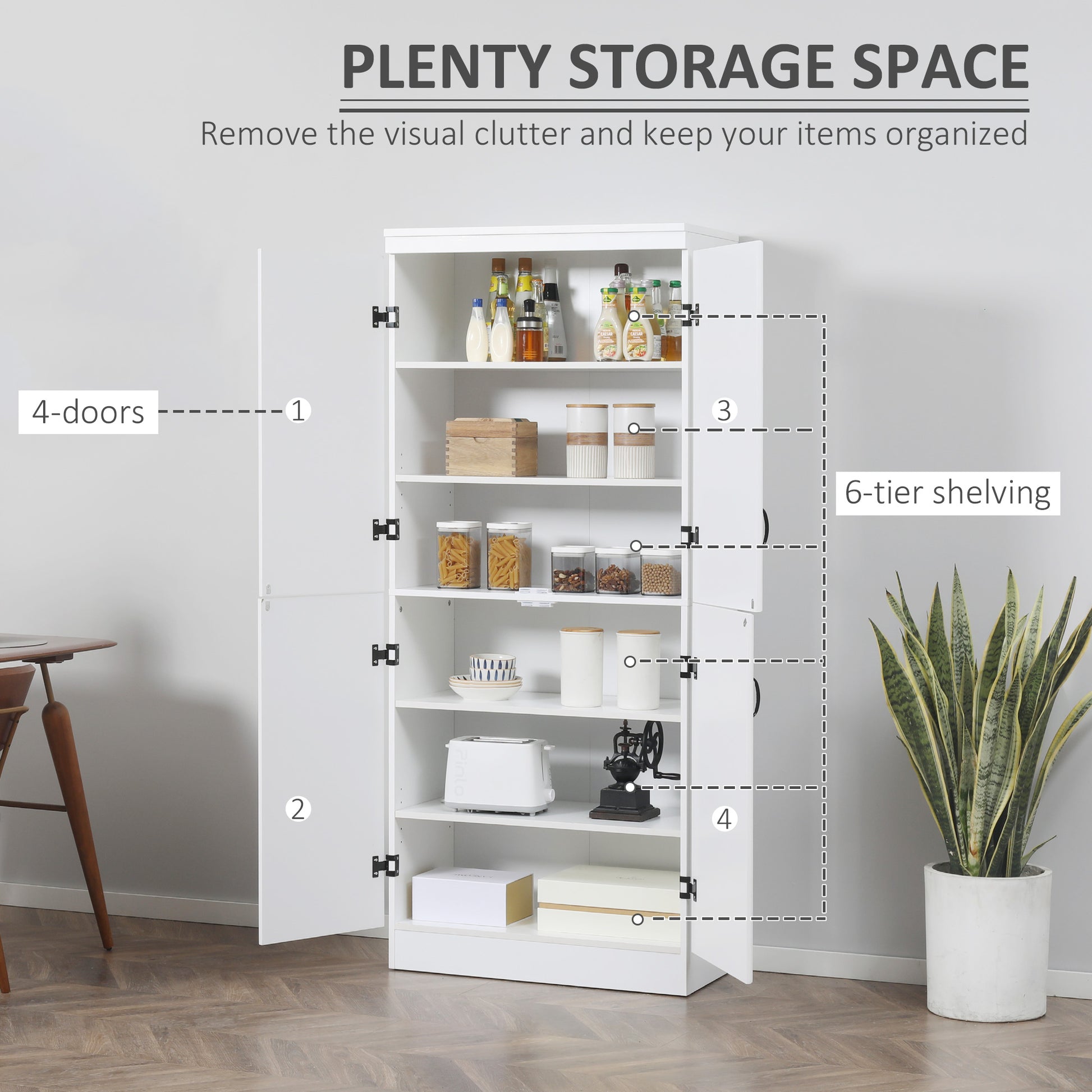 70" Kitchen Pantry, Tall Freestanding Storage Cabinet, 6 Tier Shelving With 2 Adjustable Shelves And 4 Doors For Dining Room, White White Mdf