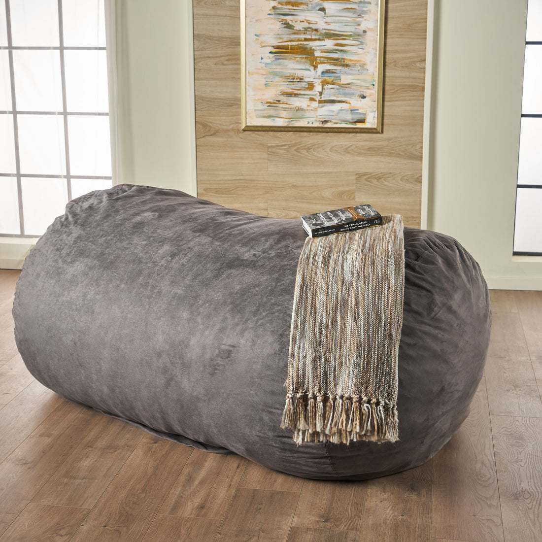 Asher Soft Microfiber Suede 6.5 Ft Cylinder Bean Bag Charcoal Pvc