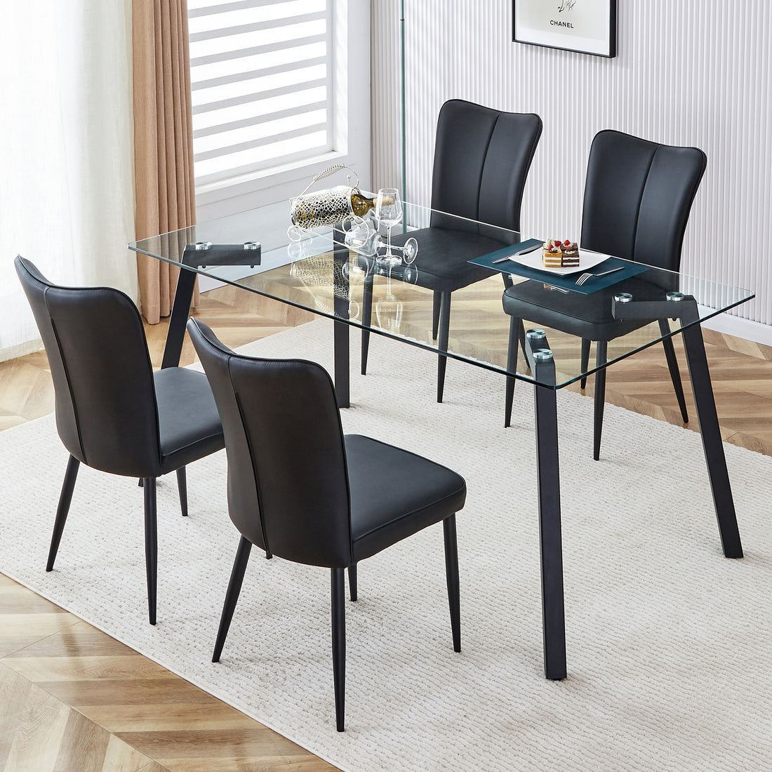 Table And Chair Set. 1 Table And 4 Black Chairs. Glass Dining Table With 0.31 Inch Tempered Glass Tabletop And Black Coated Metal Legs. Equipped With Black Pu Chairs 1123 008 Transparent Glass