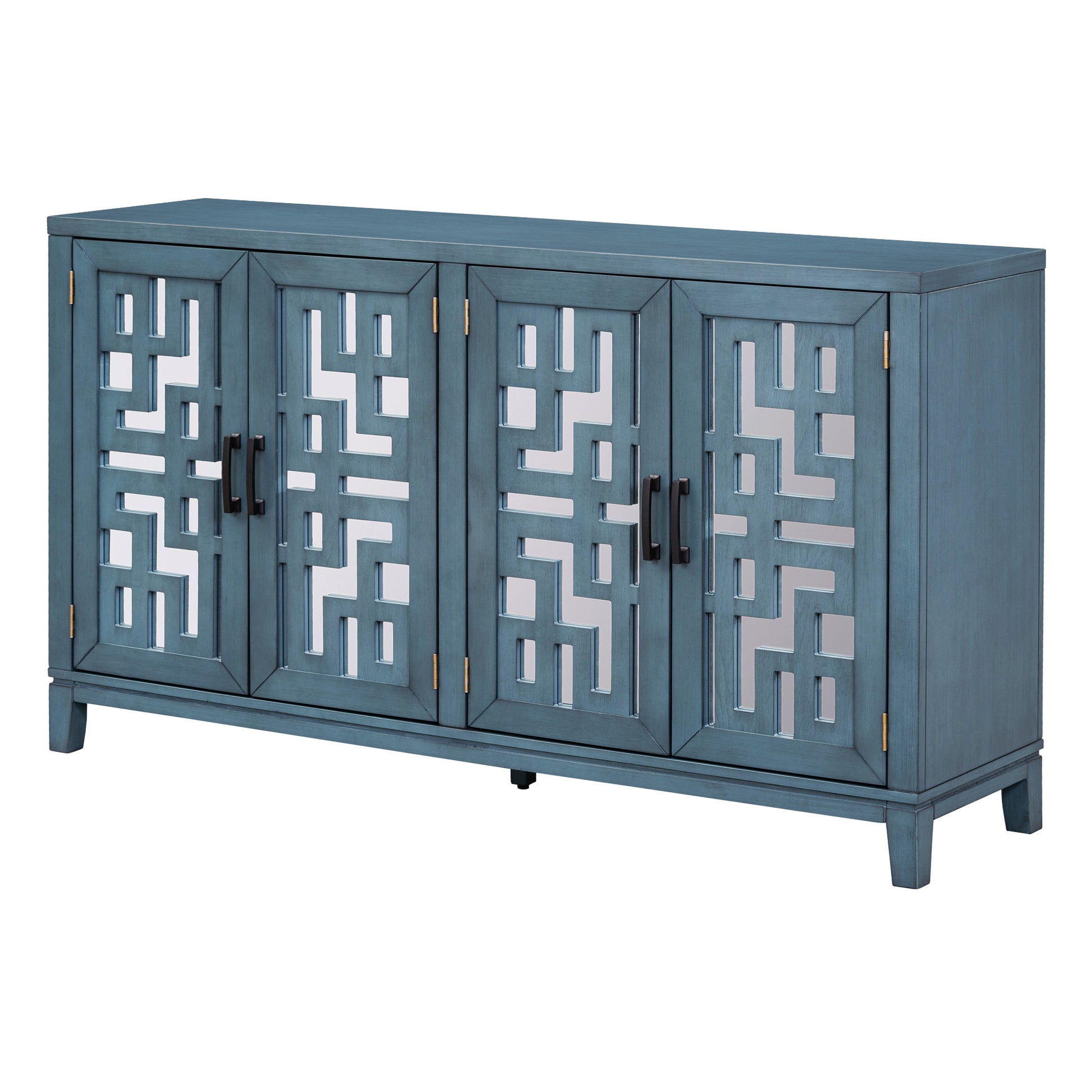 Retro 4 Door Mirrored Buffet Sideboard With Metal Pulls For Dining Room, Living Room And Hallway Navy Navy Solid Wood