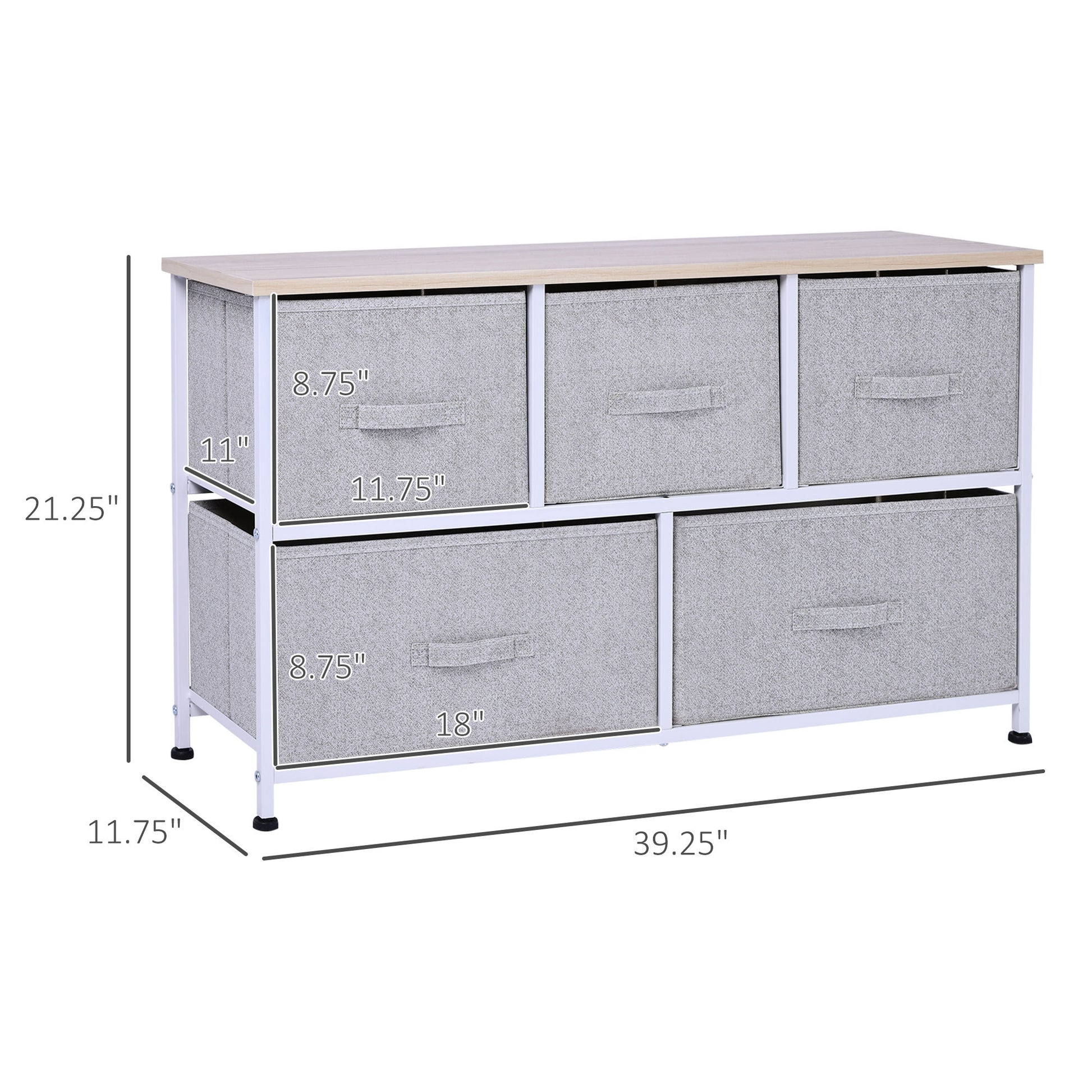 40" L 5 Drawer Horizontal Storage Cube Dresser Unit Bedroom Organizer Livingroom Shelf Tower With Fabric Bins Grey Steel