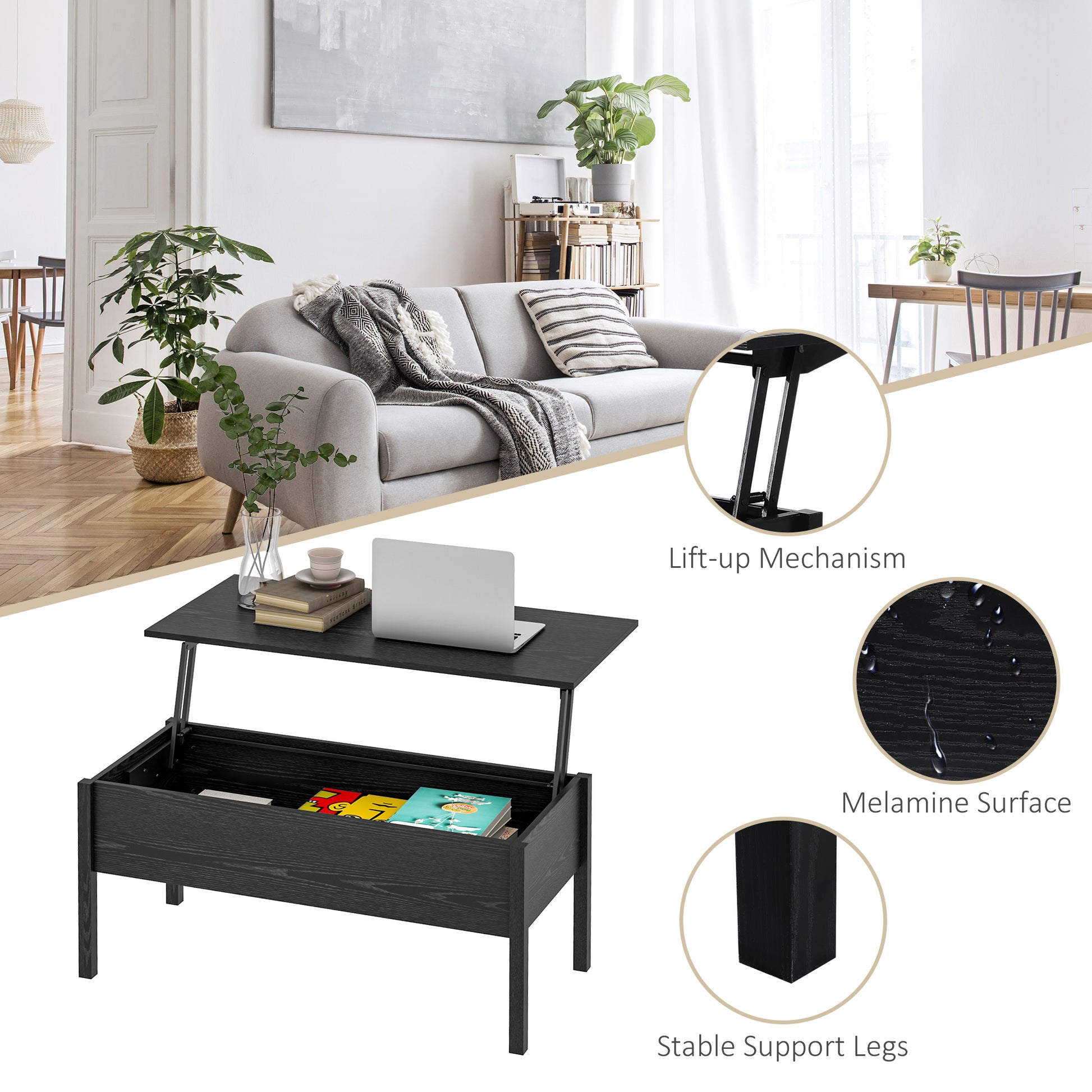 39" Modern Lift Top Coffee Table Desk With Hidden Storage Compartment For Living Room, Black Woodgrain Black Particle Board