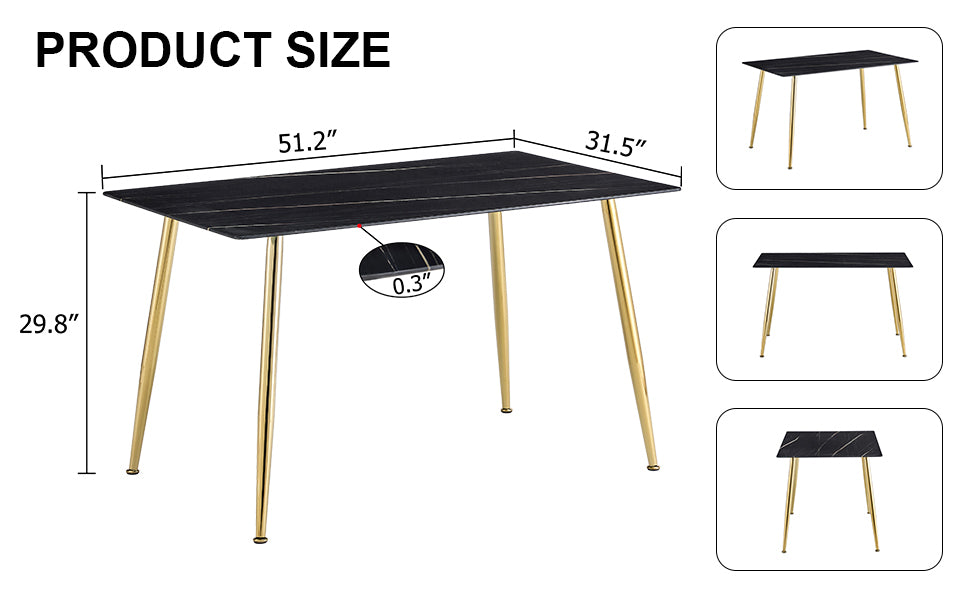 Modern Minimalist Rectangular Black Imitation Marble Dining Table, 0.3 Inches Thick, Gold Color Metal Legs, Suitable For Kitchen, Dining Room, And Living Room 51.2"* 31.5" * 29.8 "Dt 1544 Black Glass