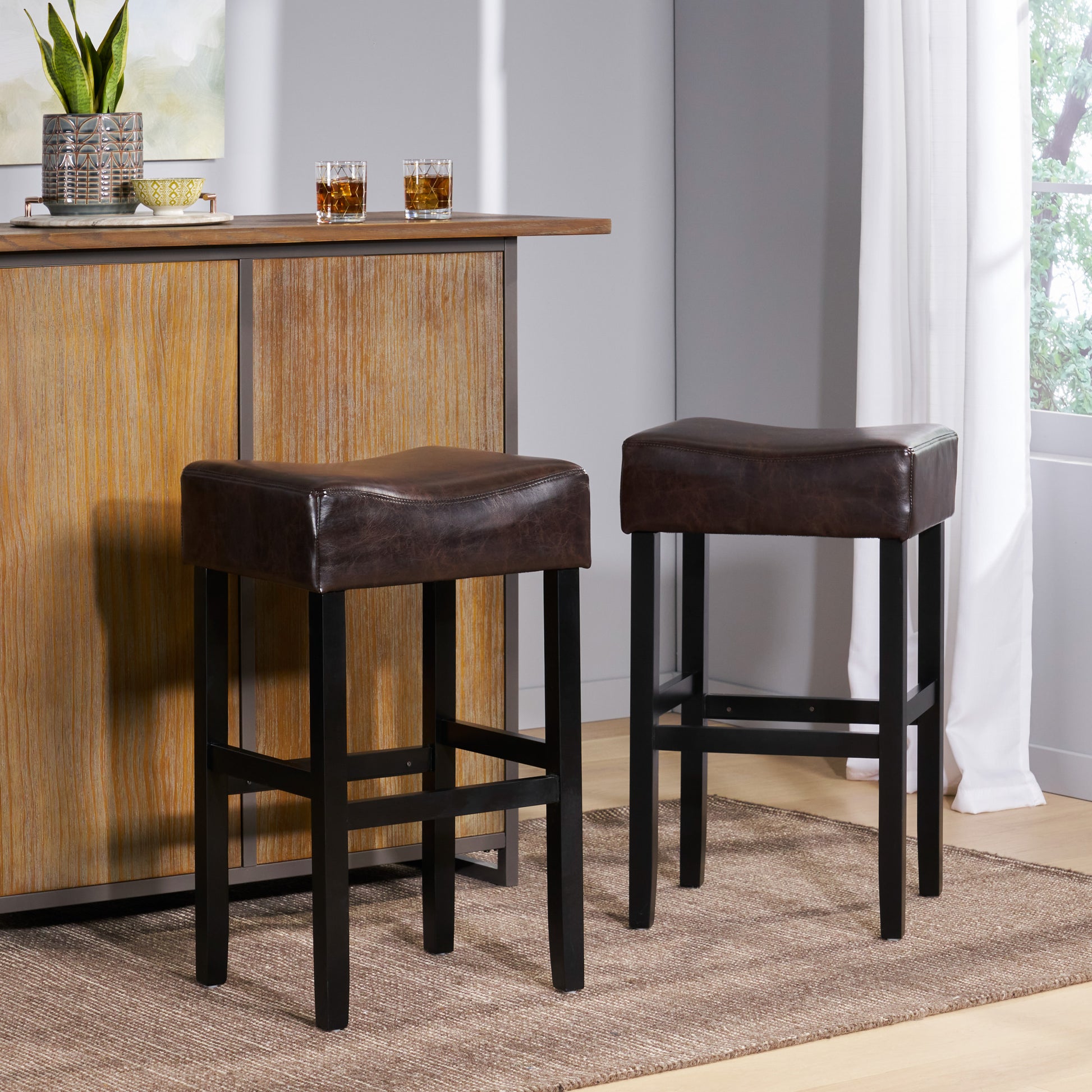 30 Inch Bonded Leather Backless Bar Stool Set Of 2 , Brown Brown Bar Stools Set Of 2 Leather