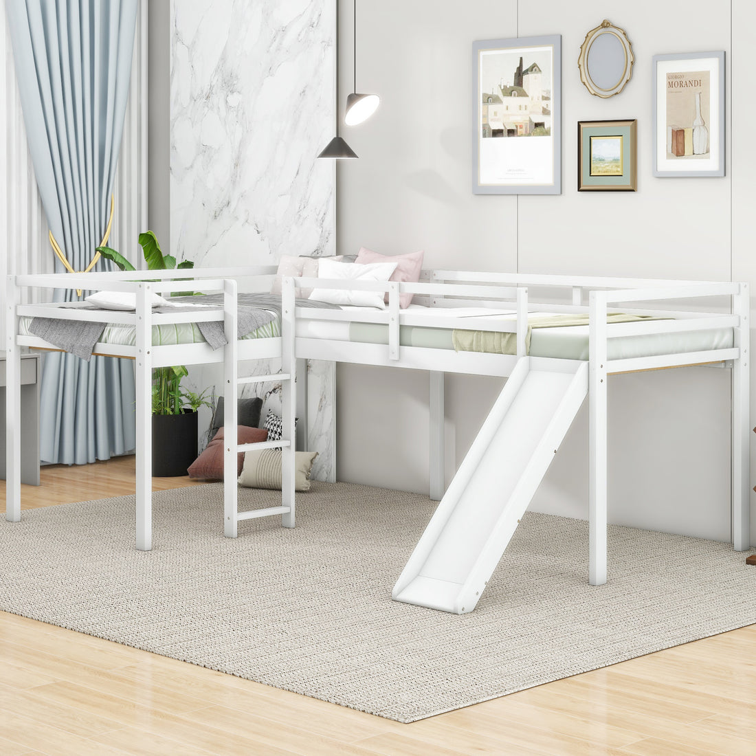 L Shaped Twin Size Loft Bed With Ladder And Slide, White White Solid Wood Mdf