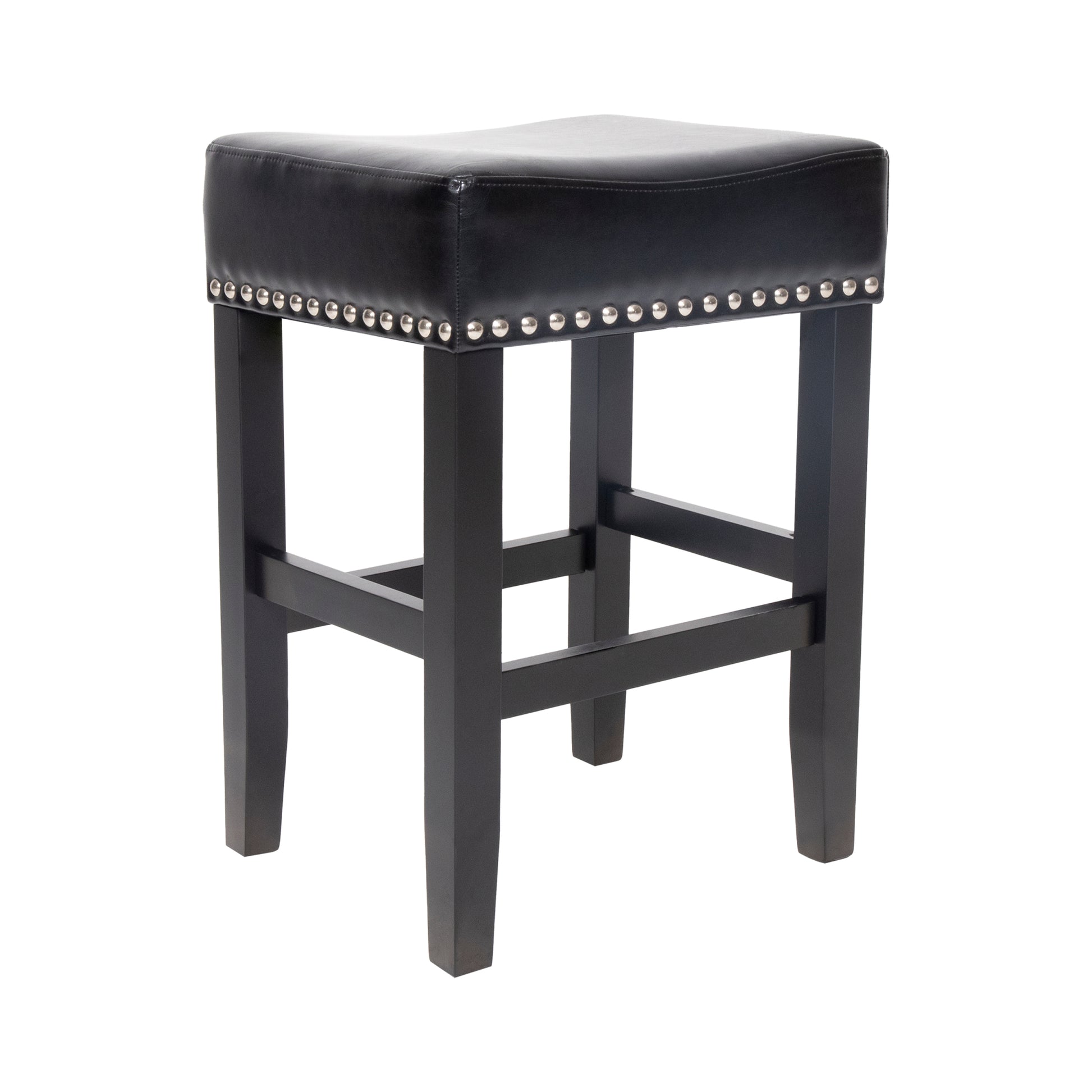 26" Backless Leather Counter Stools, 2 Pcs Set, Black Black Leather