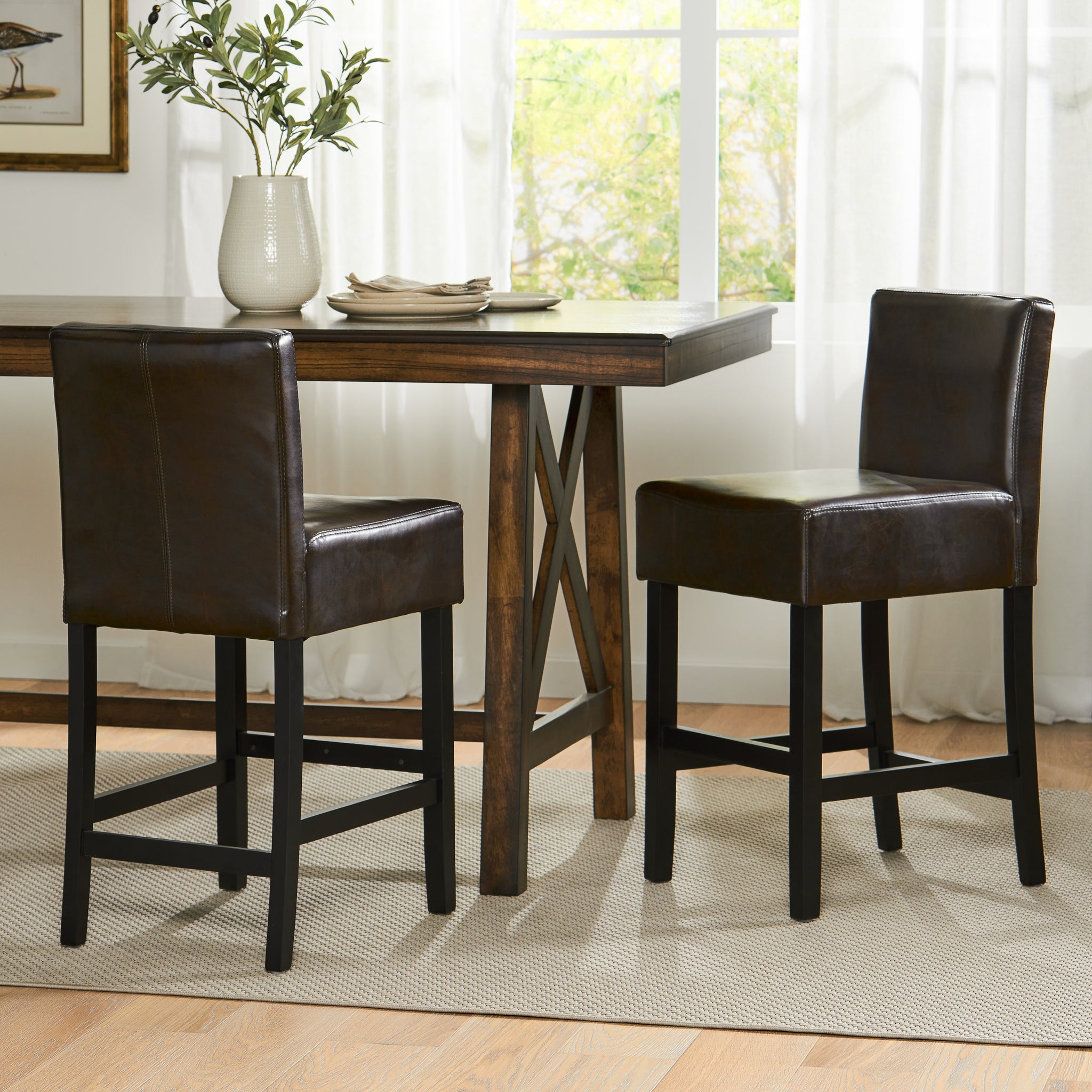 Set Of 2 26" Portman Bonded Leather Counter Height Barstool, Brown Brown Set Of 2 Leather