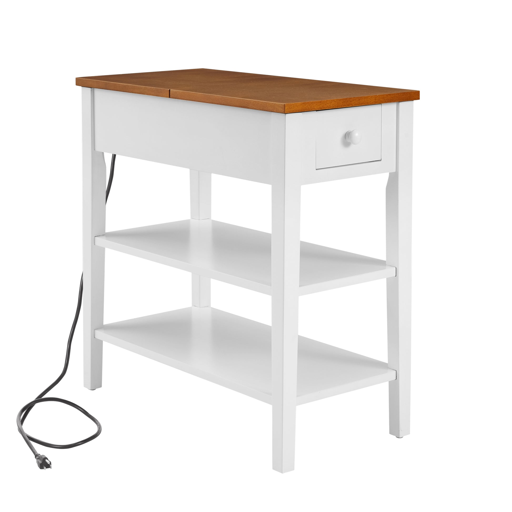 Narrow 2 Tone End Table With Usb Charging Ports For Small Space, Solid Wood Table Legs, White And Walnut, 11.8"W*24"D*24.2"H White Mdf