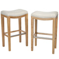 Tiffin Studded Barstool Beige Natural Wood Fabric