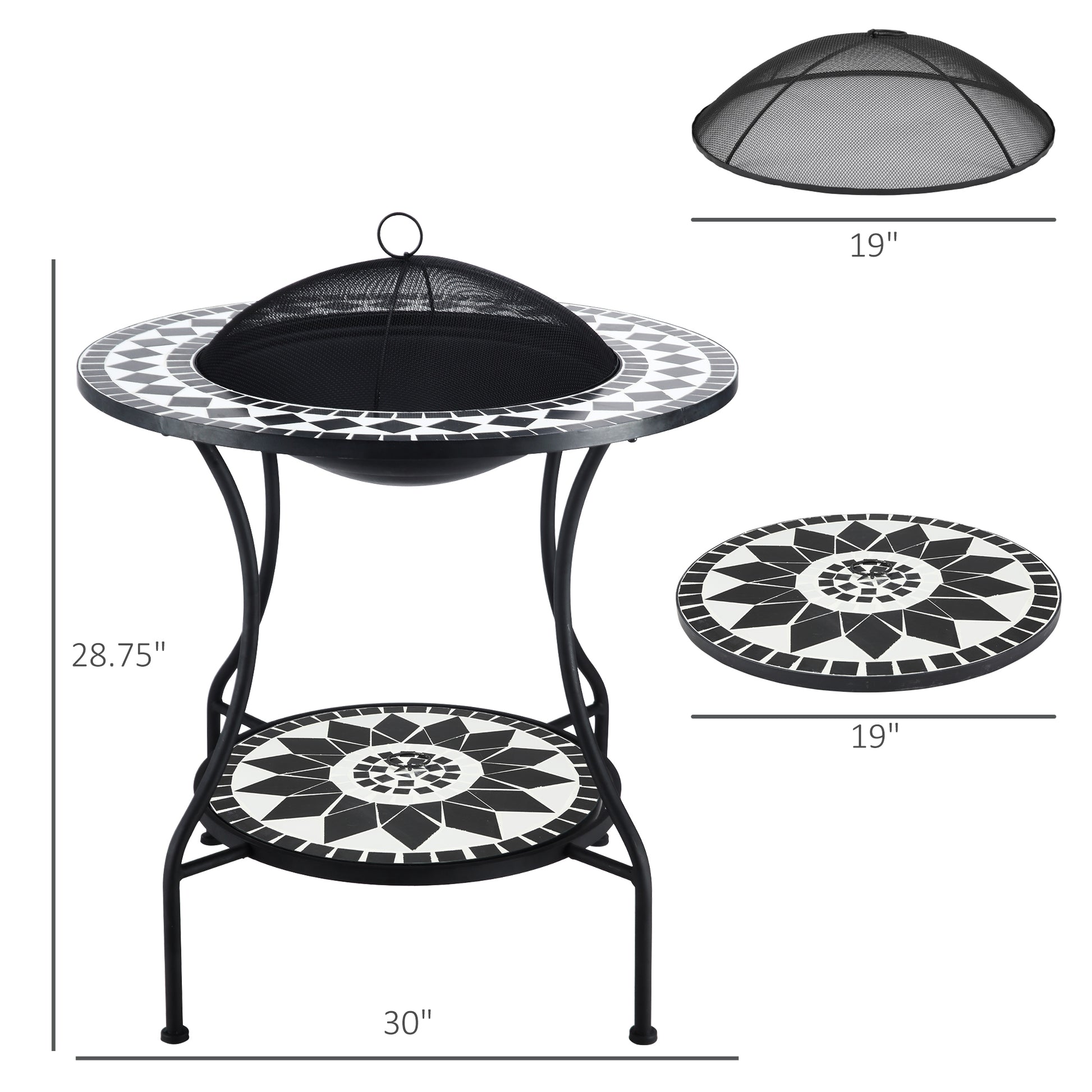 30" Outdoor Fire Pit Dining Table, 3 In 1 Round Wood Burning Fire Pit Bowl, Patio Ice Bucket With Storage Shelf, Spark Screen Cover For Bbq, Bonfire, Camping, Mosaic Black Steel