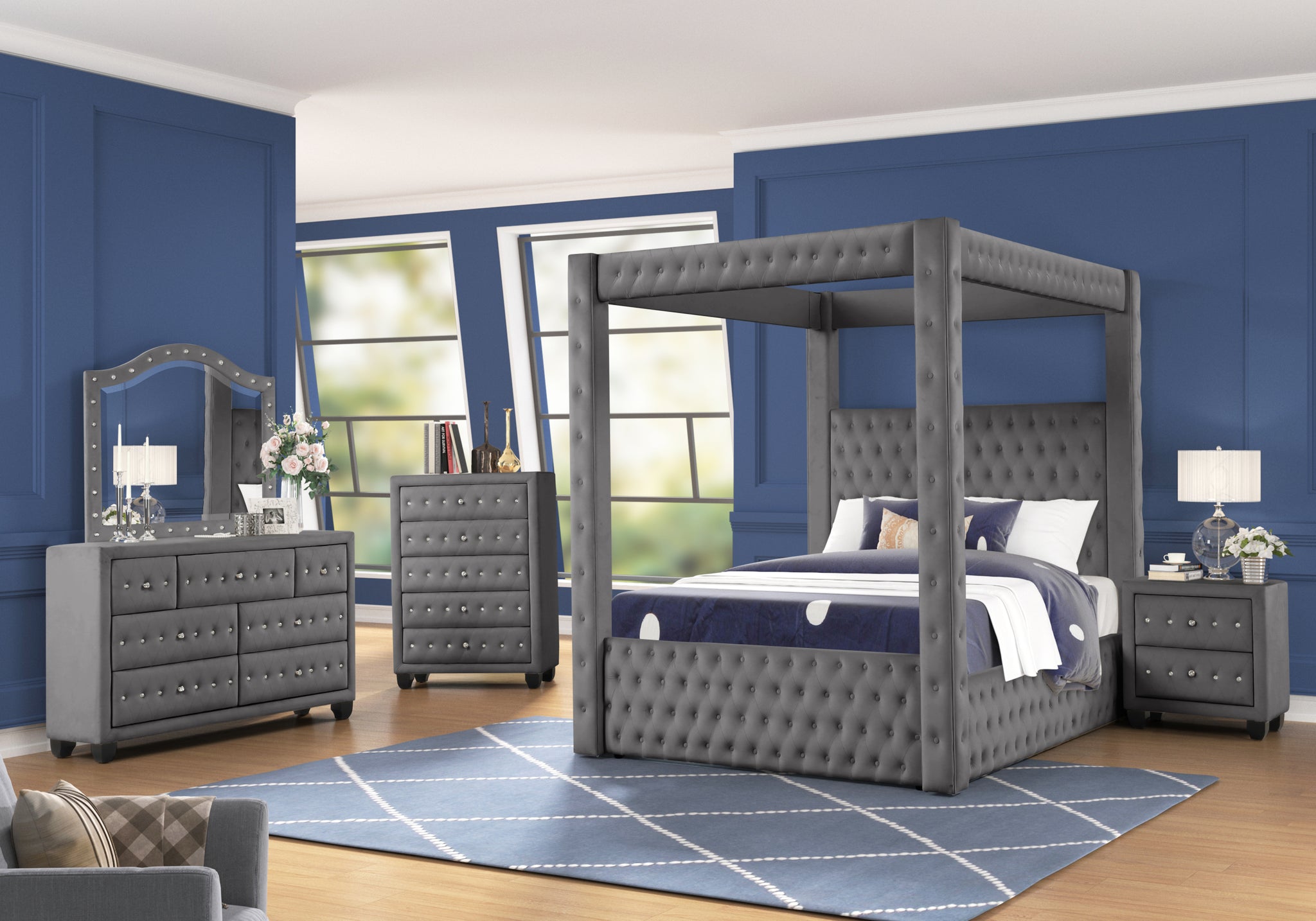 Monica Luxurious Four Poster King 5 Pc Bedroom Set Made With Wood In Gray Box Spring Not Required King Gray Wood 5 Piece Set Bedroom Bed Included,Chest Included,Dresser Included,Mirror Included,Nightstand Included Modern Upholstered Velvet Tufted Wood