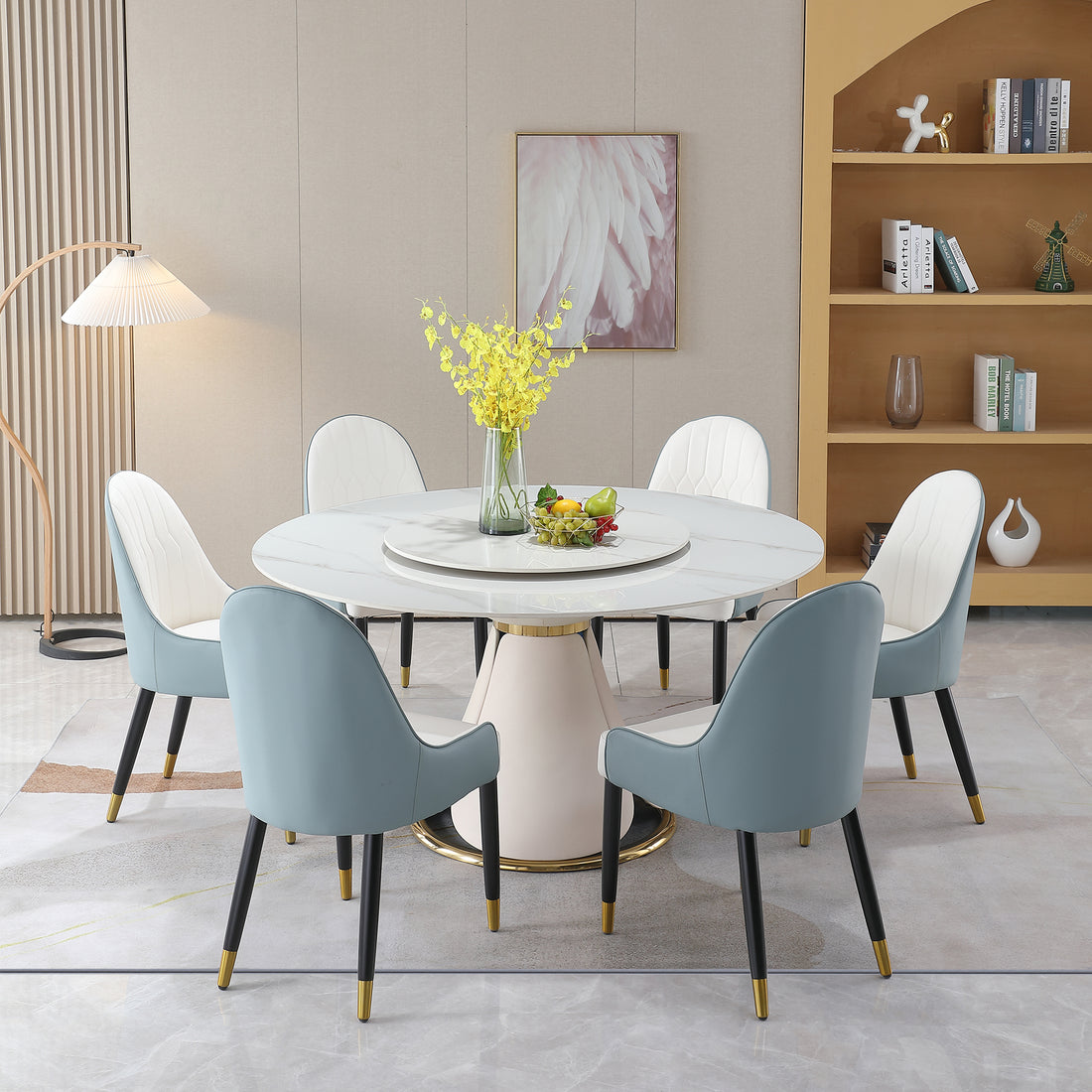 59.05"Modern Sintered Stone Dining Table With 31.5" Round Turntable With 6Pcs Chairs. White Sintered Stone