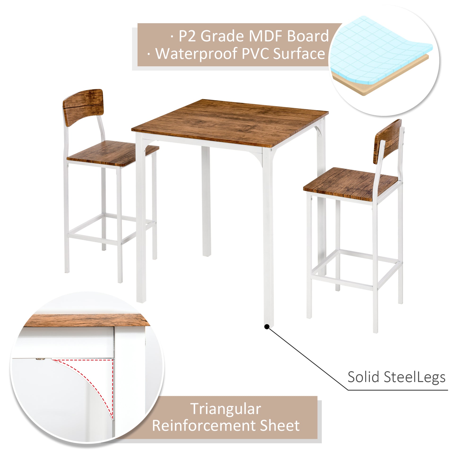 3 Piece Bar Table Set, Industrial Counter Height Dining Table Set, Bar Table & Chairs With Steel Legs & Footrests, White White Steel