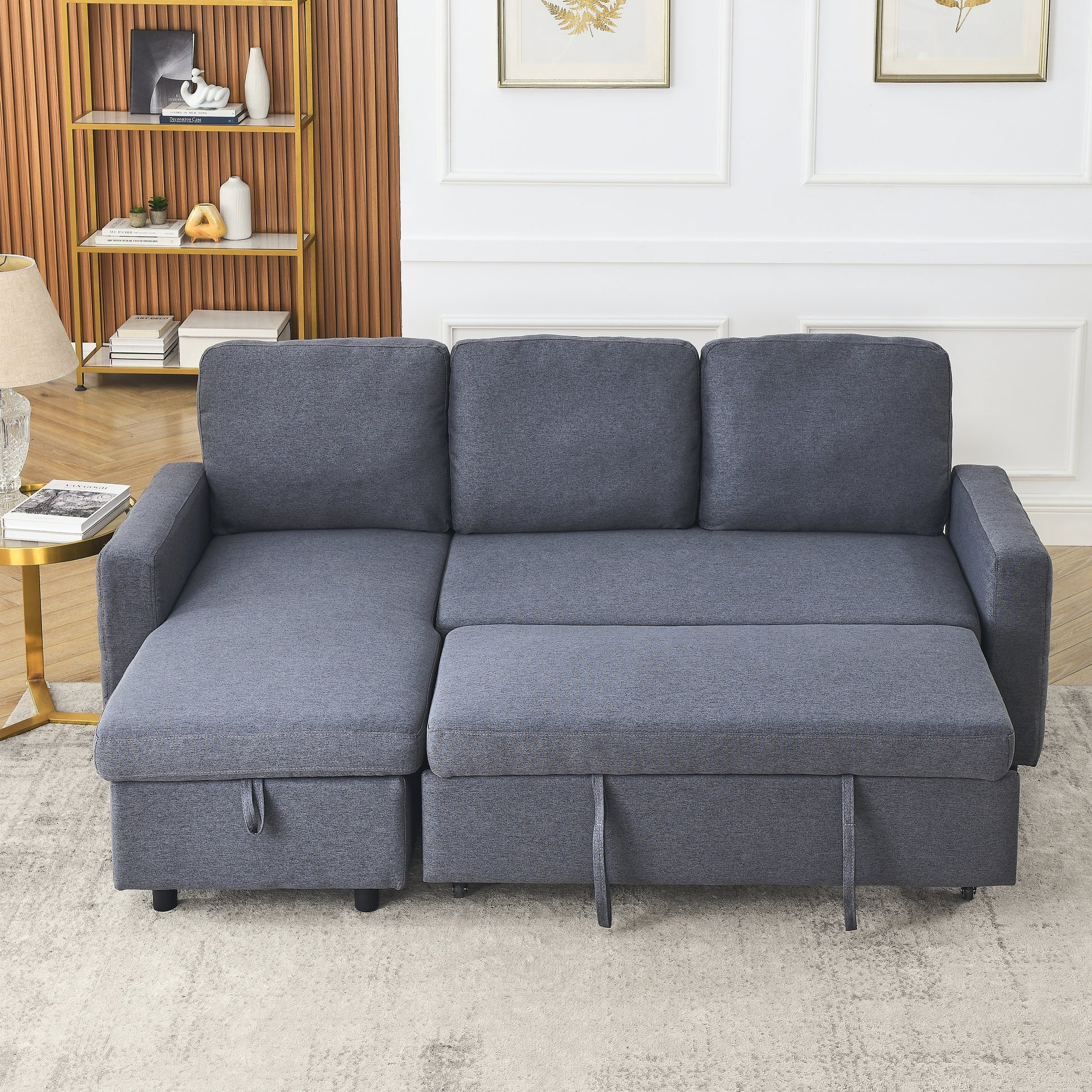 Fx 78.8" Reversible Sleeper Combo Sofa With Pullout Bed, Comfortable Linen L Shaped Combo Sofa Sofa Bed, Living Room Furniture Sets For Tight Spaces Dark Grey Linen Wood Primary Living Space Foam Fabric 3 Seat