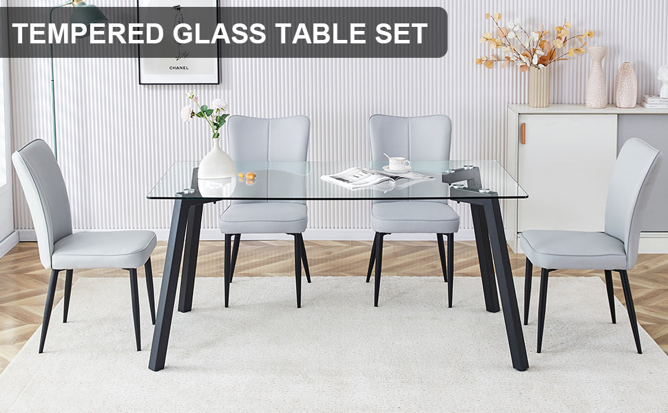 Table And Chair Set. 1 Table And 4 Light Grey Chairs. Glass Dining Table With 0.31 Inch Tempered Glass Tabletop And Black Coated Metal Legs. Equipped With Light Grey Pu Chairs 1123 008 Transparent Glass