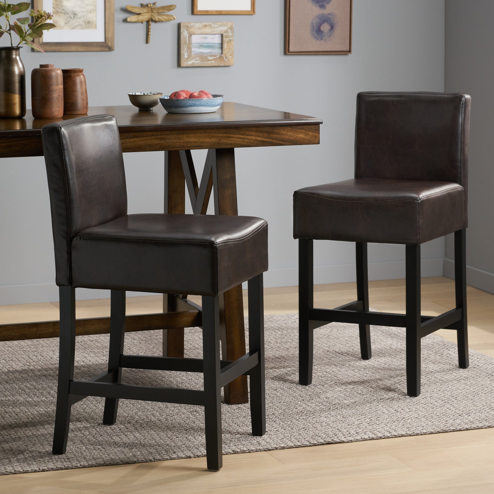 Set Of 2 26" Portman Bonded Leather Counter Height Barstool, Brown Brown Set Of 2 Leather