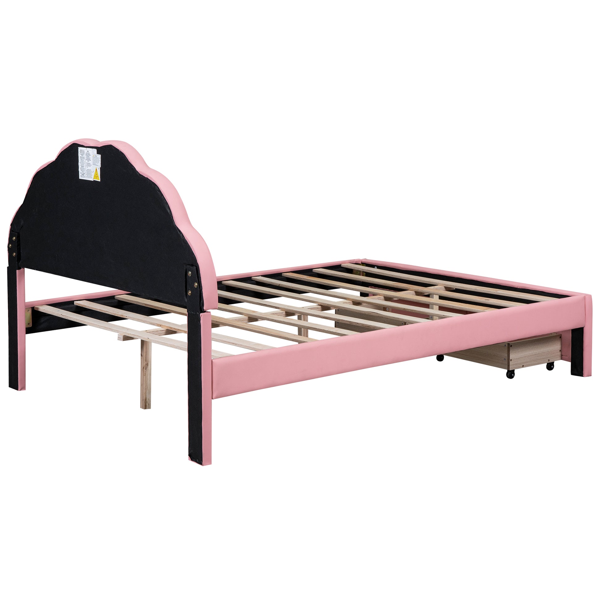 Queen Size Upholstered Platform Bed With Seashell Shaped Headboard, Led And 2 Drawers, Pink Box Spring Not Required Queen Pink Wood Bedroom Bed Frame Faux Leather Upholstered