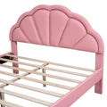 Queen Size Upholstered Platform Bed With Seashell Shaped Headboard, Led And 2 Drawers, Pink Box Spring Not Required Queen Pink Wood Bedroom Bed Frame Faux Leather Upholstered