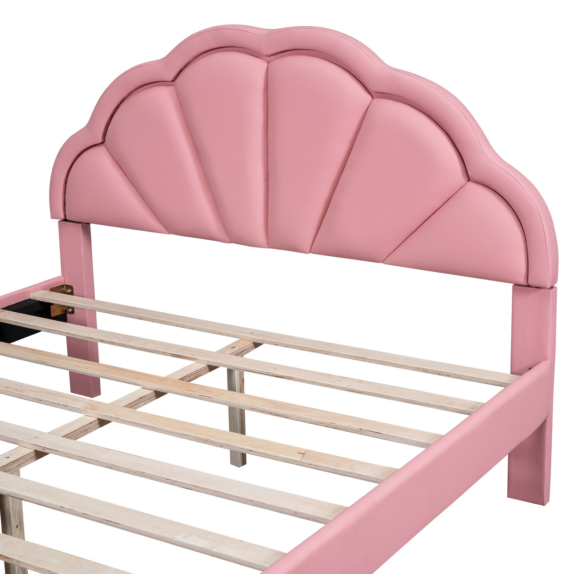 Queen Size Upholstered Platform Bed With Seashell Shaped Headboard, Led And 2 Drawers, Pink Box Spring Not Required Queen Pink Wood Bedroom Bed Frame Faux Leather Upholstered