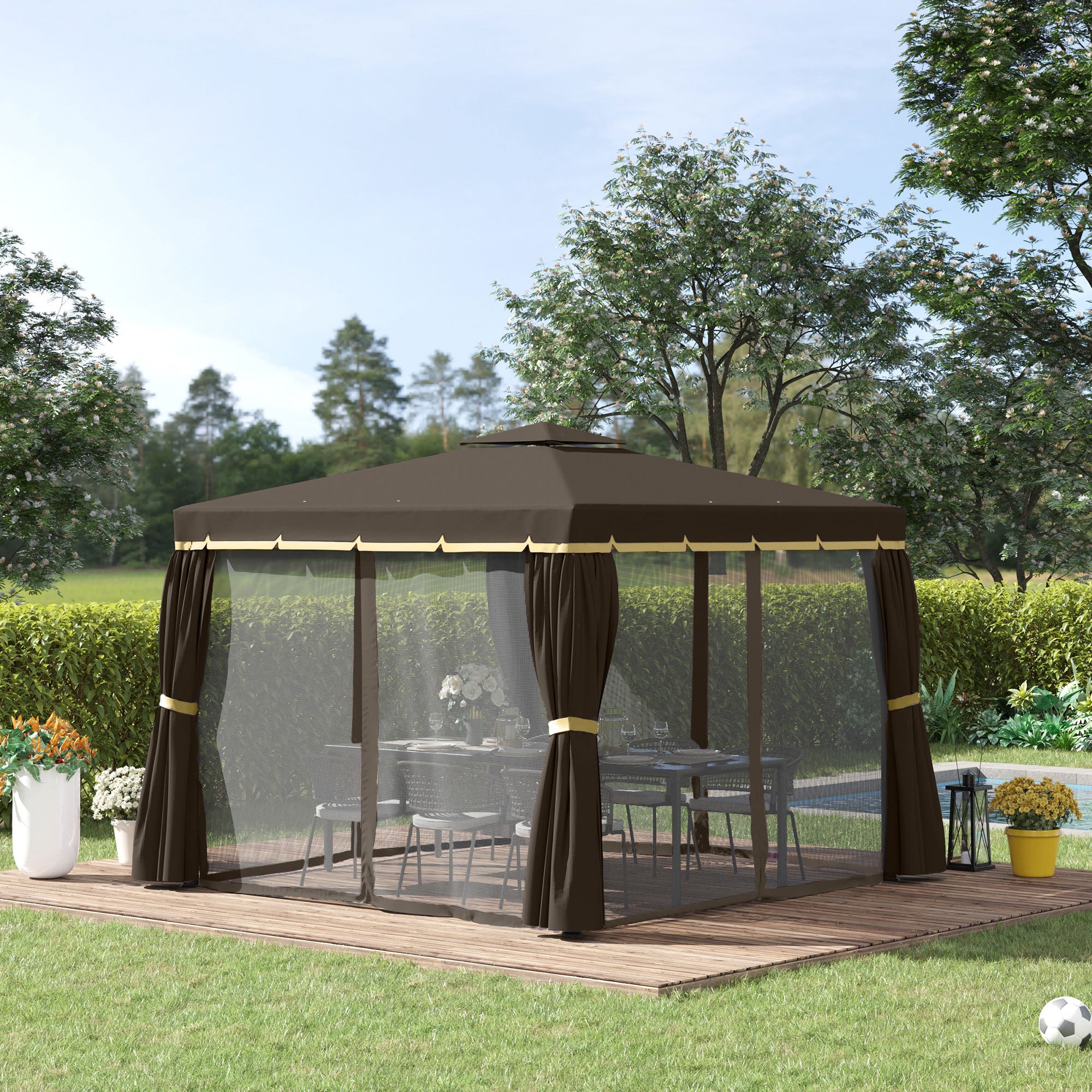 10' x 10' Patio Gazebo, Aluminum Frame Double Roof coffee-polyester