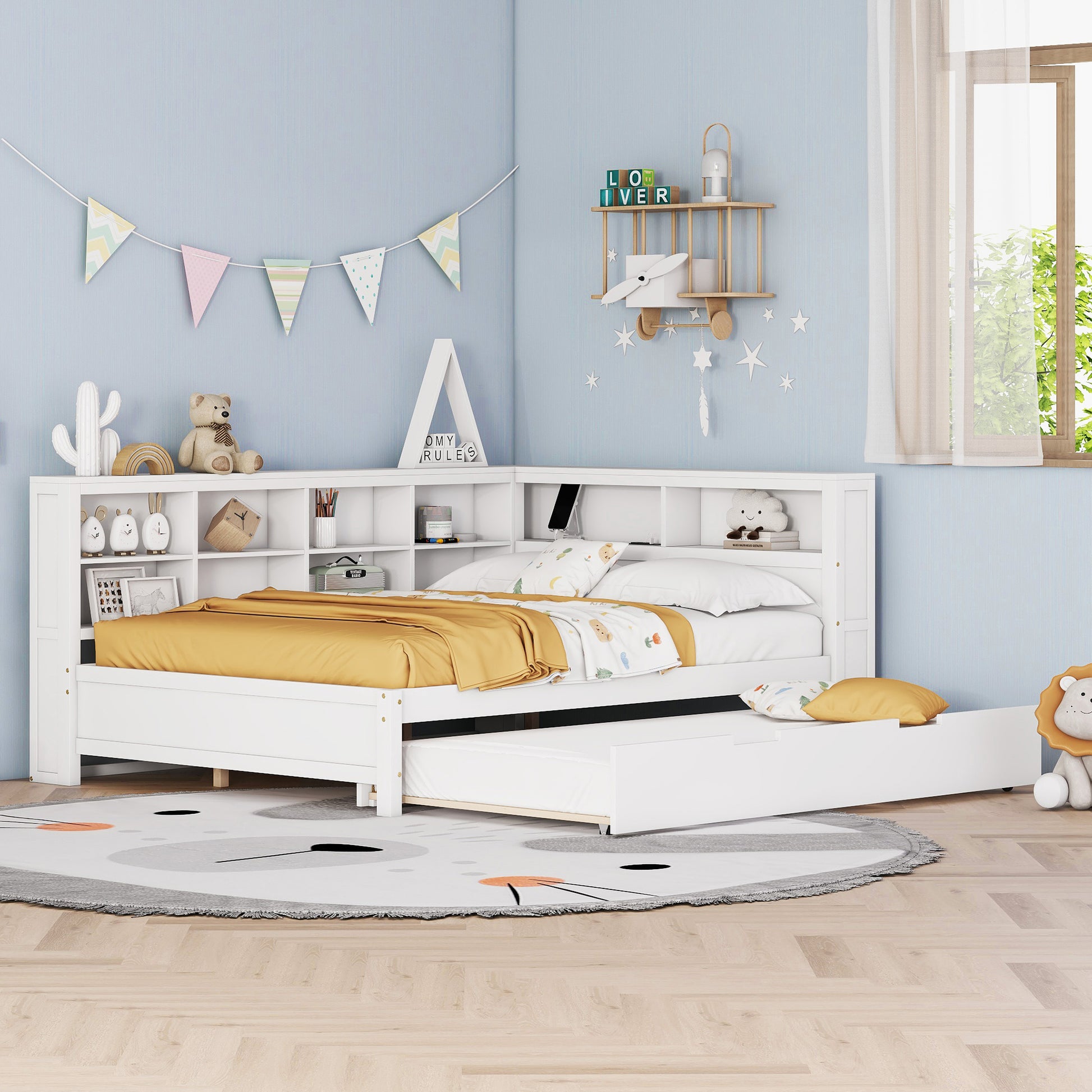 Wooden Full Size Daybed With Twin Size Trundle, Daybed With Storage Shelf And Usb Charging Ports,White Full White Wood