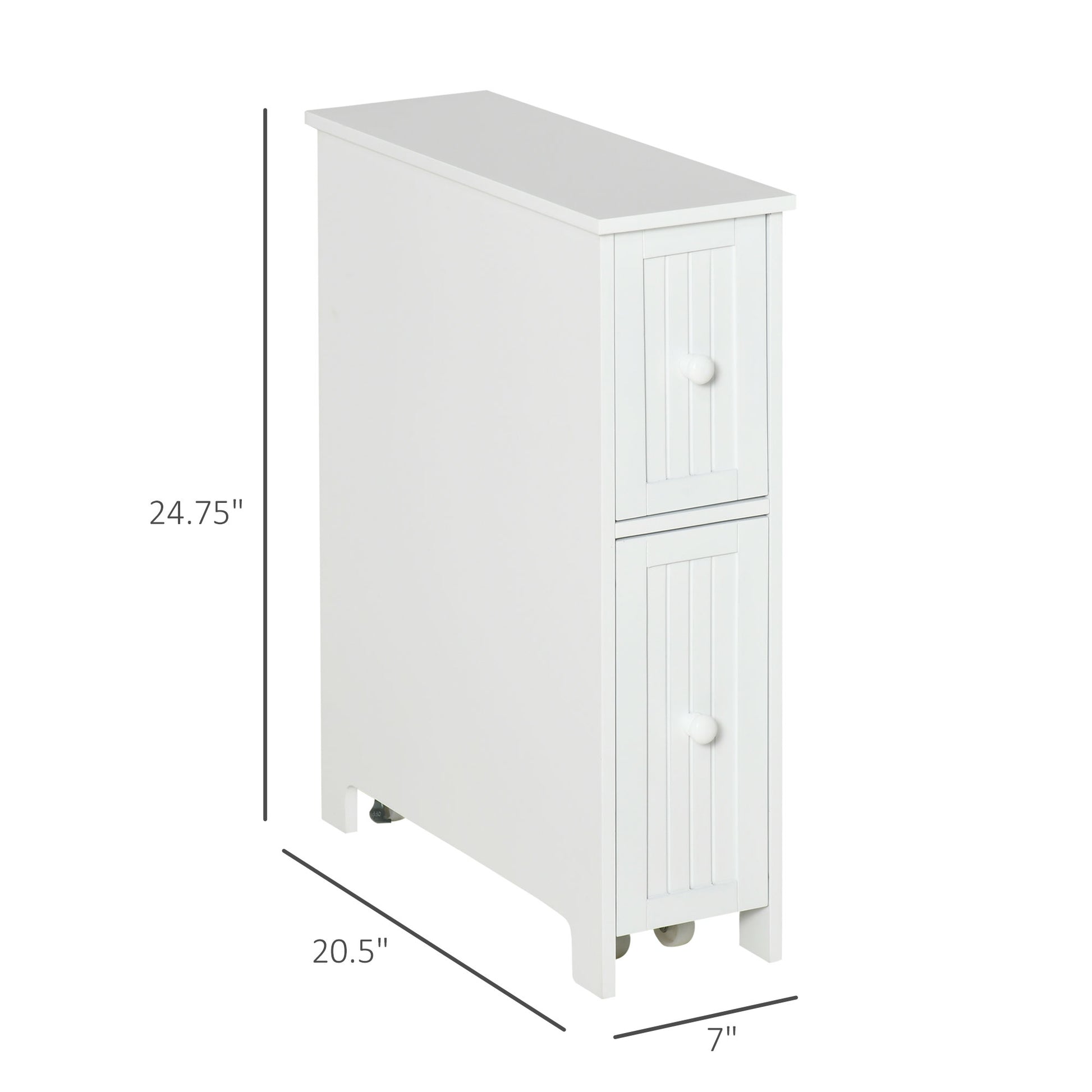 Kleankin Slim Bathroom Cabinet, Freestanding Storage Cabinet, Toilet Paper Holder With Two Drawers, Side Towel Rack, And Wheels, 7 X 20.5 X 24.75 Inches, White White Mdf