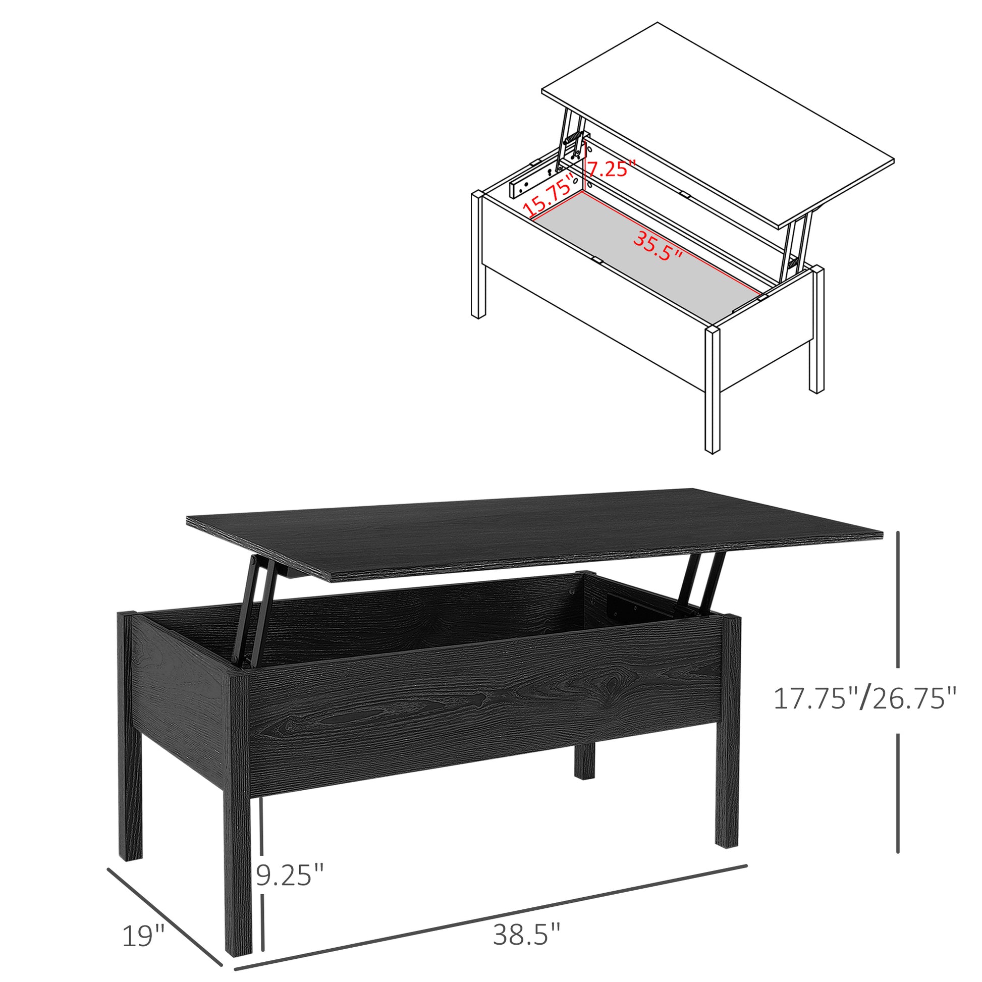 39" Modern Lift Top Coffee Table Desk With Hidden Storage Compartment For Living Room, Black Woodgrain Black Particle Board