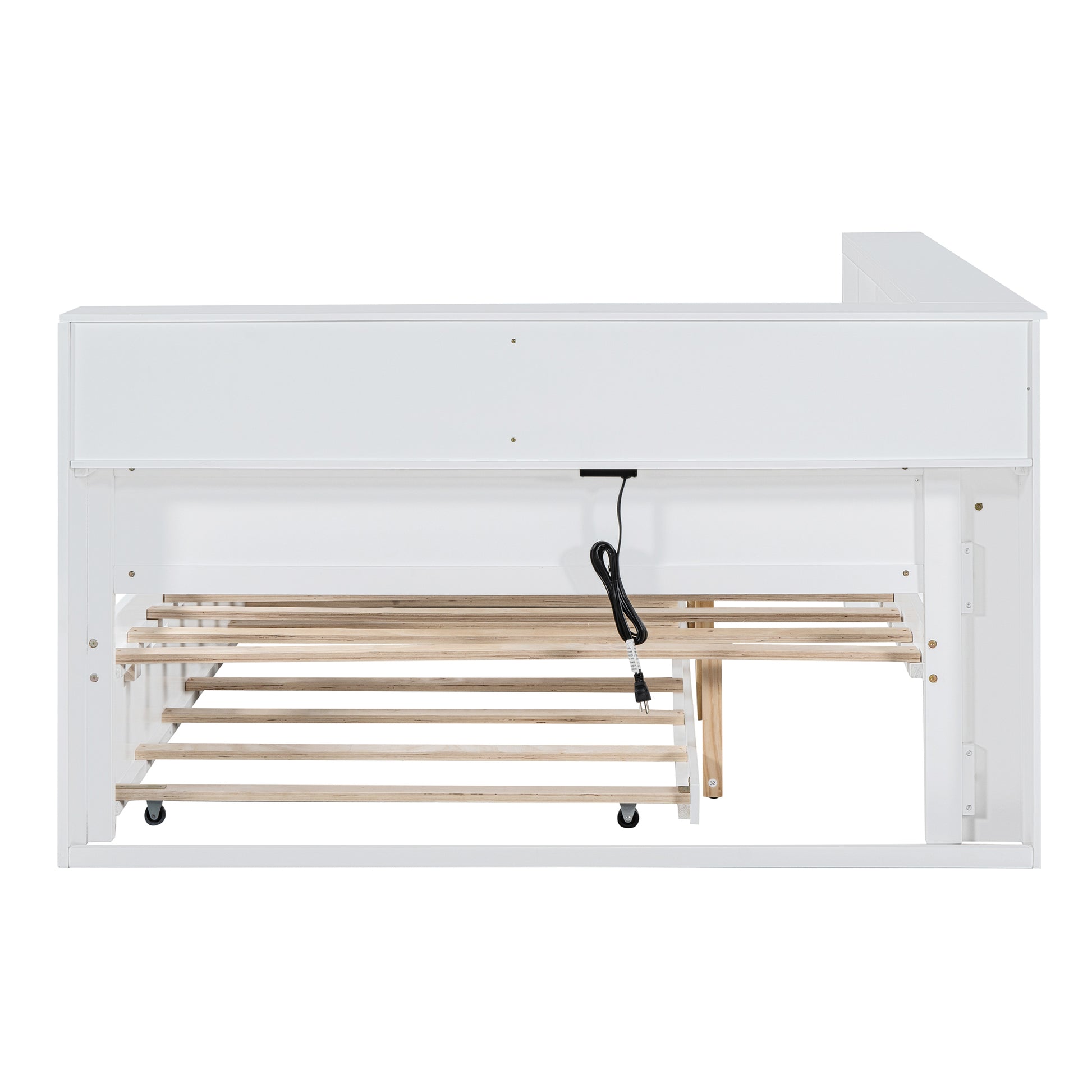 Wooden Full Size Daybed With Twin Size Trundle, Daybed With Storage Shelf And Usb Charging Ports,White Full White Wood