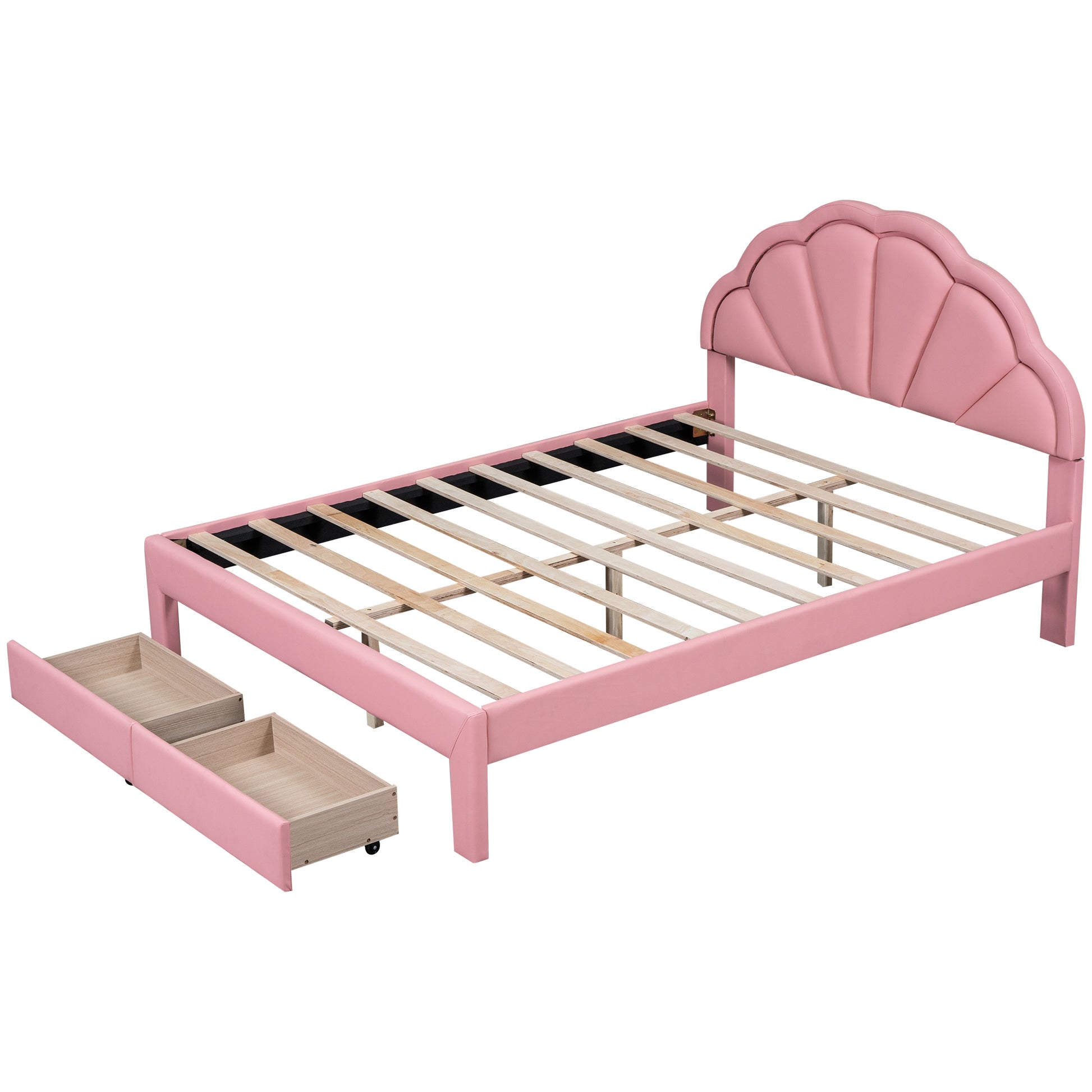 Queen Size Upholstered Platform Bed With Seashell Shaped Headboard, Led And 2 Drawers, Pink Box Spring Not Required Queen Pink Wood Bedroom Bed Frame Faux Leather Upholstered