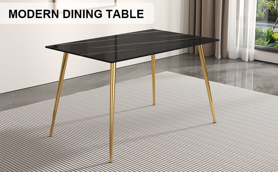 Modern Minimalist Rectangular Black Imitation Marble Dining Table, 0.3 Inches Thick, Gold Color Metal Legs, Suitable For Kitchen, Dining Room, And Living Room 51.2"* 31.5" * 29.8 "Dt 1544 Black Glass