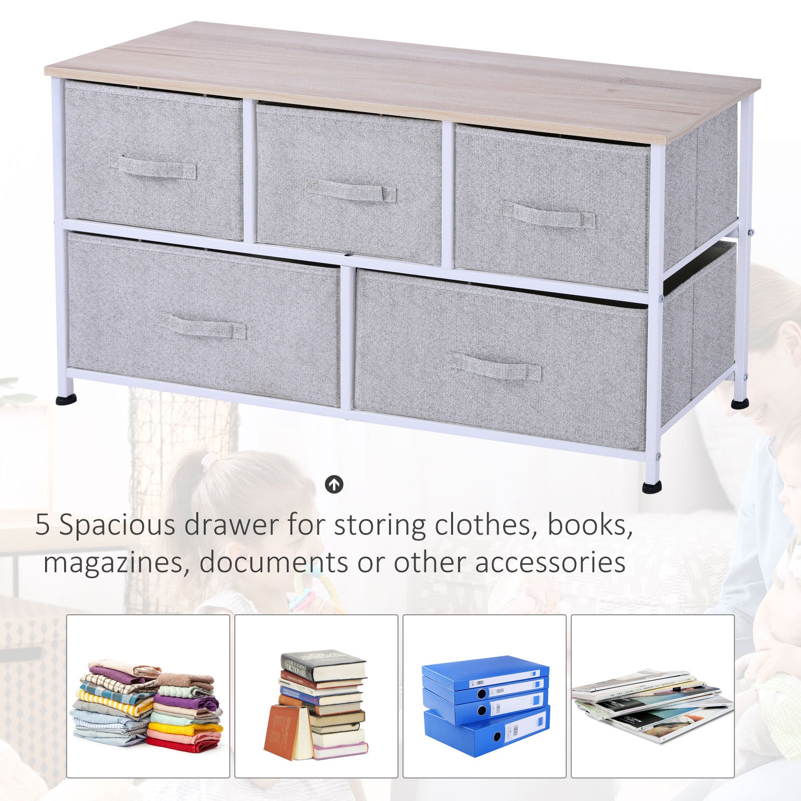 40" L 5 Drawer Horizontal Storage Cube Dresser Unit Bedroom Organizer Livingroom Shelf Tower With Fabric Bins Grey Steel