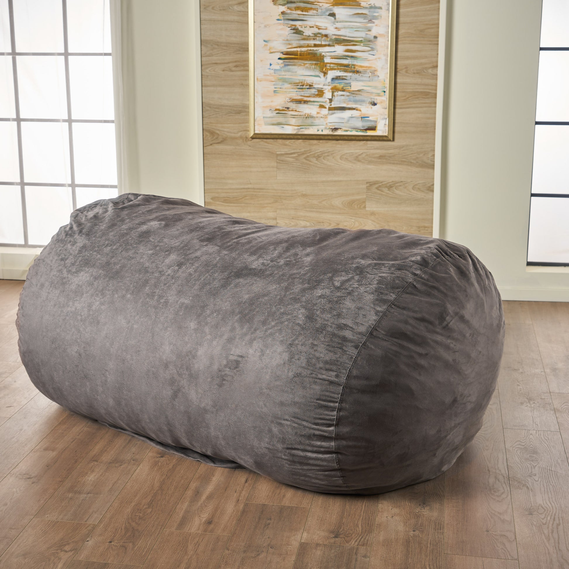 Asher Soft Microfiber Suede 6.5 Ft Cylinder Bean Bag Charcoal Pvc