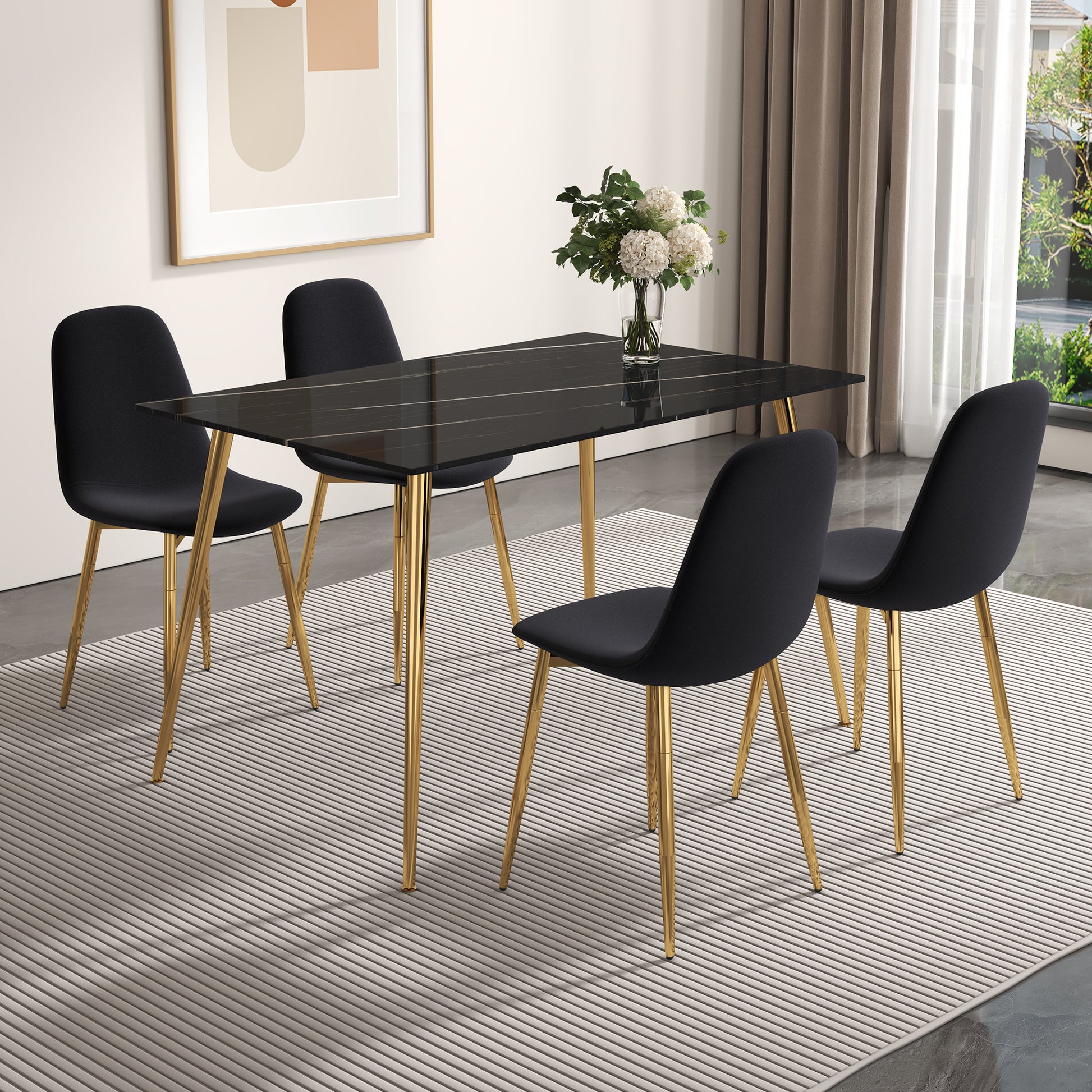 Modern Minimalist Rectangular Black Imitation Marble Dining Table, 0.3 Inches Thick, Gold Color Metal Legs, Suitable For Kitchen, Dining Room, And Living Room 51.2"* 31.5" * 29.8 "Dt 1544 Black Glass