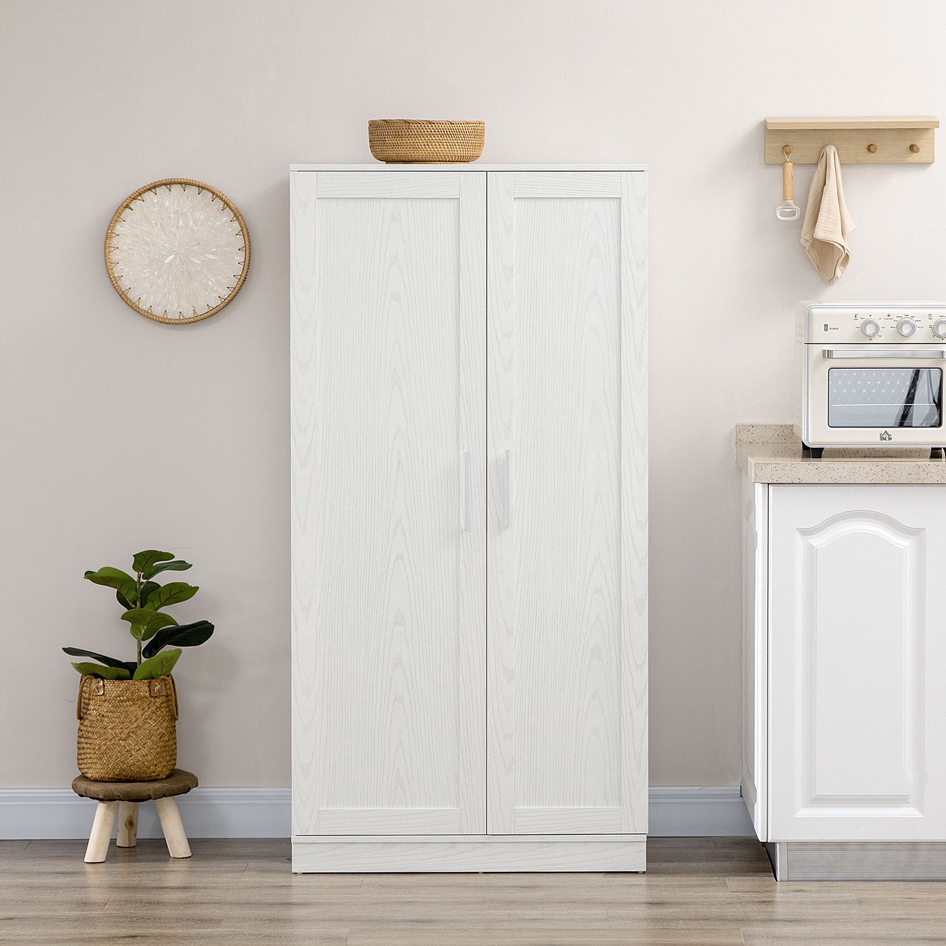 63" Kitchen Pantry Storage Cabinet, 14 Tier Freestanding Kitchen Cupboard With 2 Doors, Adjustable Shelves For Living Room, Dining Room, White White Particle Board