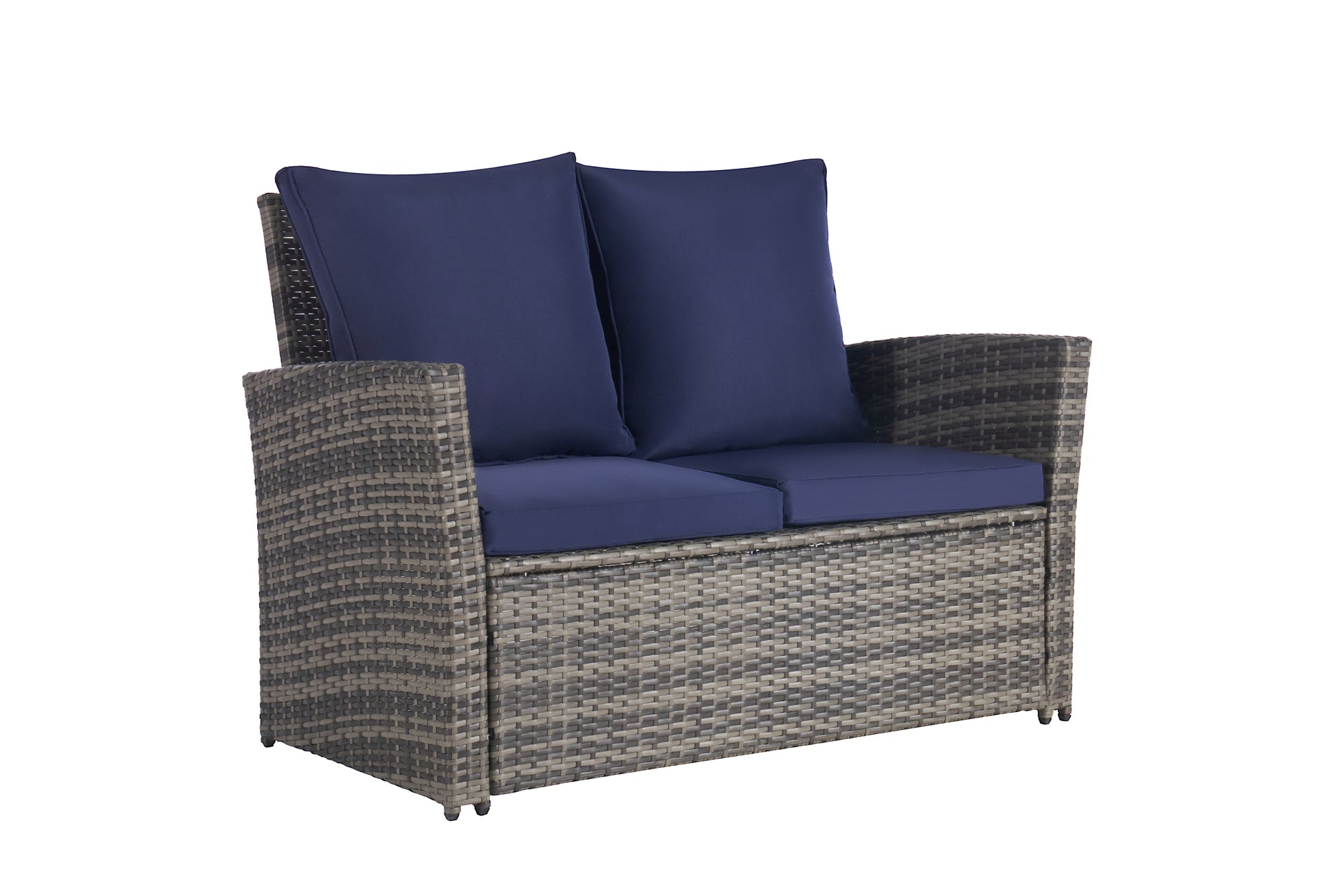 4 Pieces Outdoor Patio Furniture Sets Garden Rattan Chair Wicker Set, Poolside Lawn Chairs With Tempered Glass Coffee Table Porch Furniture, Gray Rattan Dark Blue Color Cushion Yes Complete Patio Set Dark Gray Water Resistant Frame Water Resistant