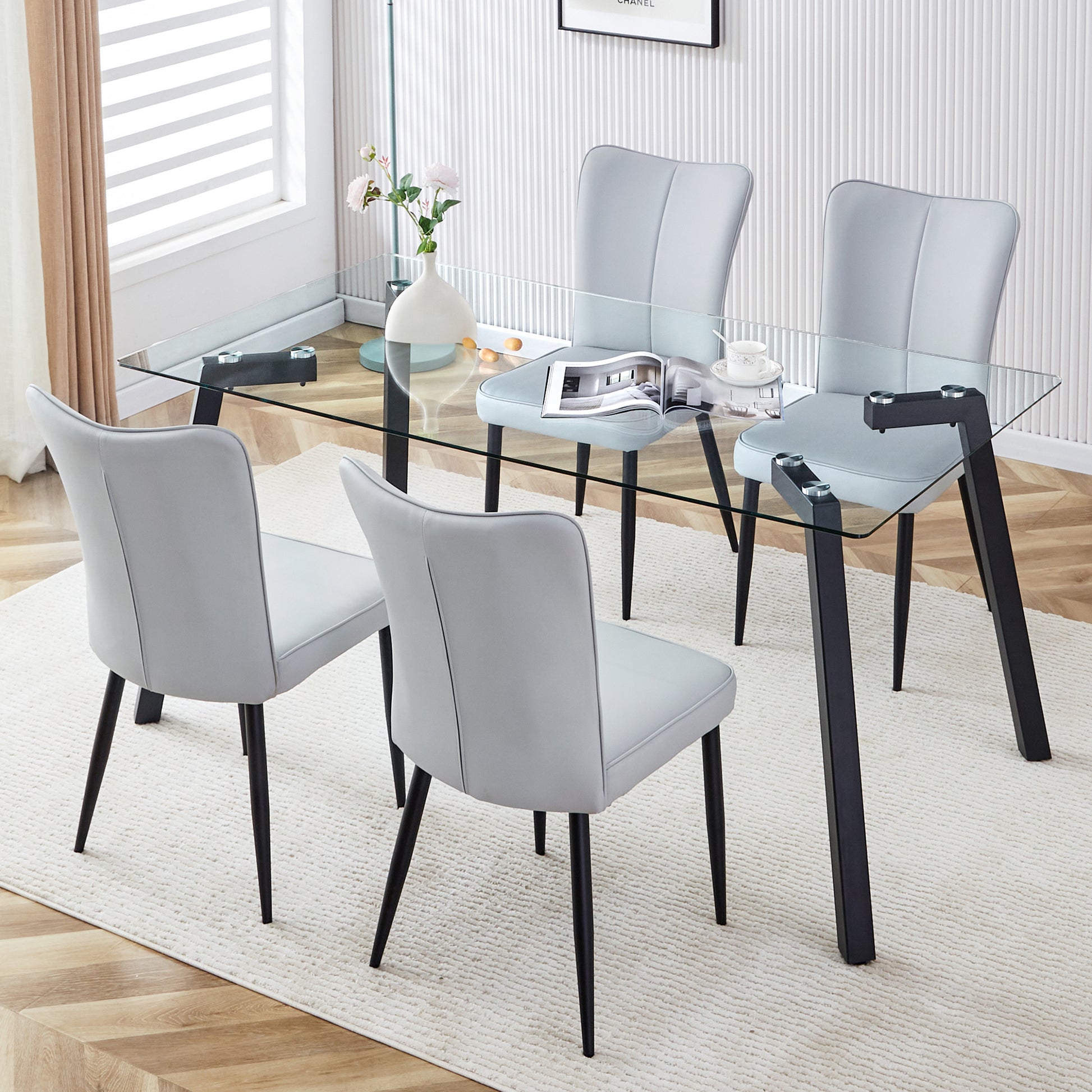 Table And Chair Set. 1 Table And 4 Light Grey Chairs. Glass Dining Table With 0.31 Inch Tempered Glass Tabletop And Black Coated Metal Legs. Equipped With Light Grey Pu Chairs 1123 008 Transparent Glass