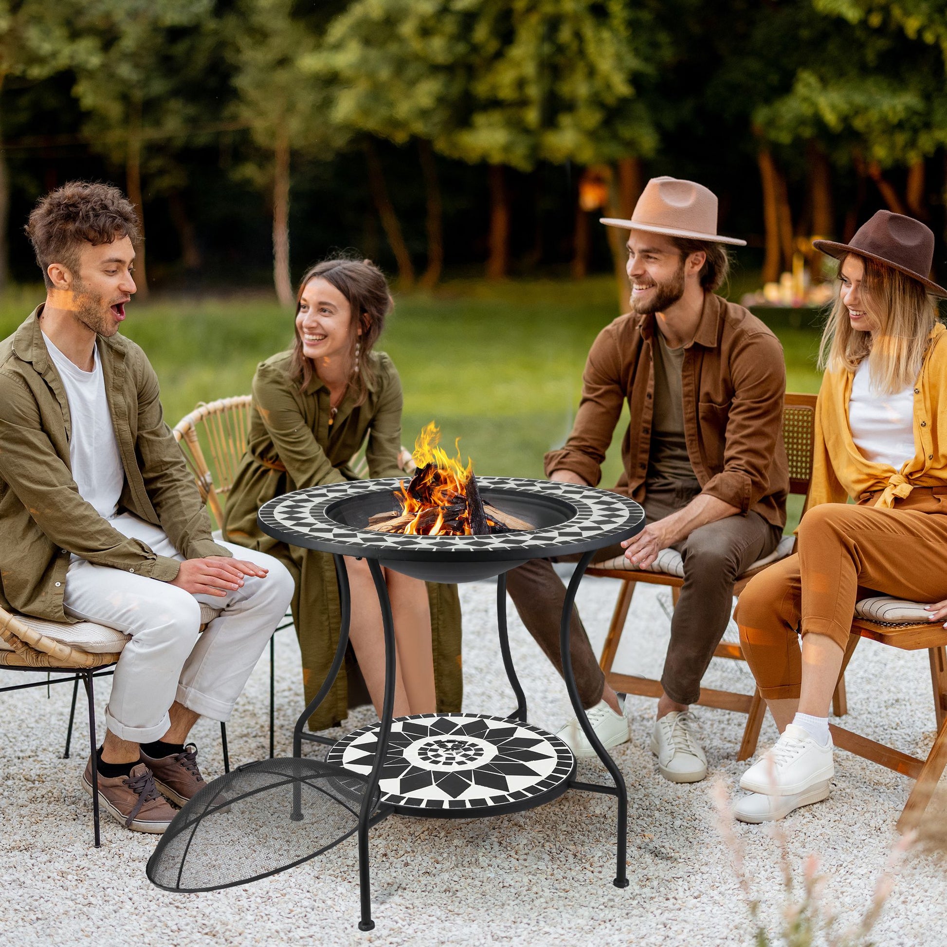 30" Outdoor Fire Pit Dining Table, 3 In 1 Round Wood Burning Fire Pit Bowl, Patio Ice Bucket With Storage Shelf, Spark Screen Cover For Bbq, Bonfire, Camping, Mosaic Black Steel