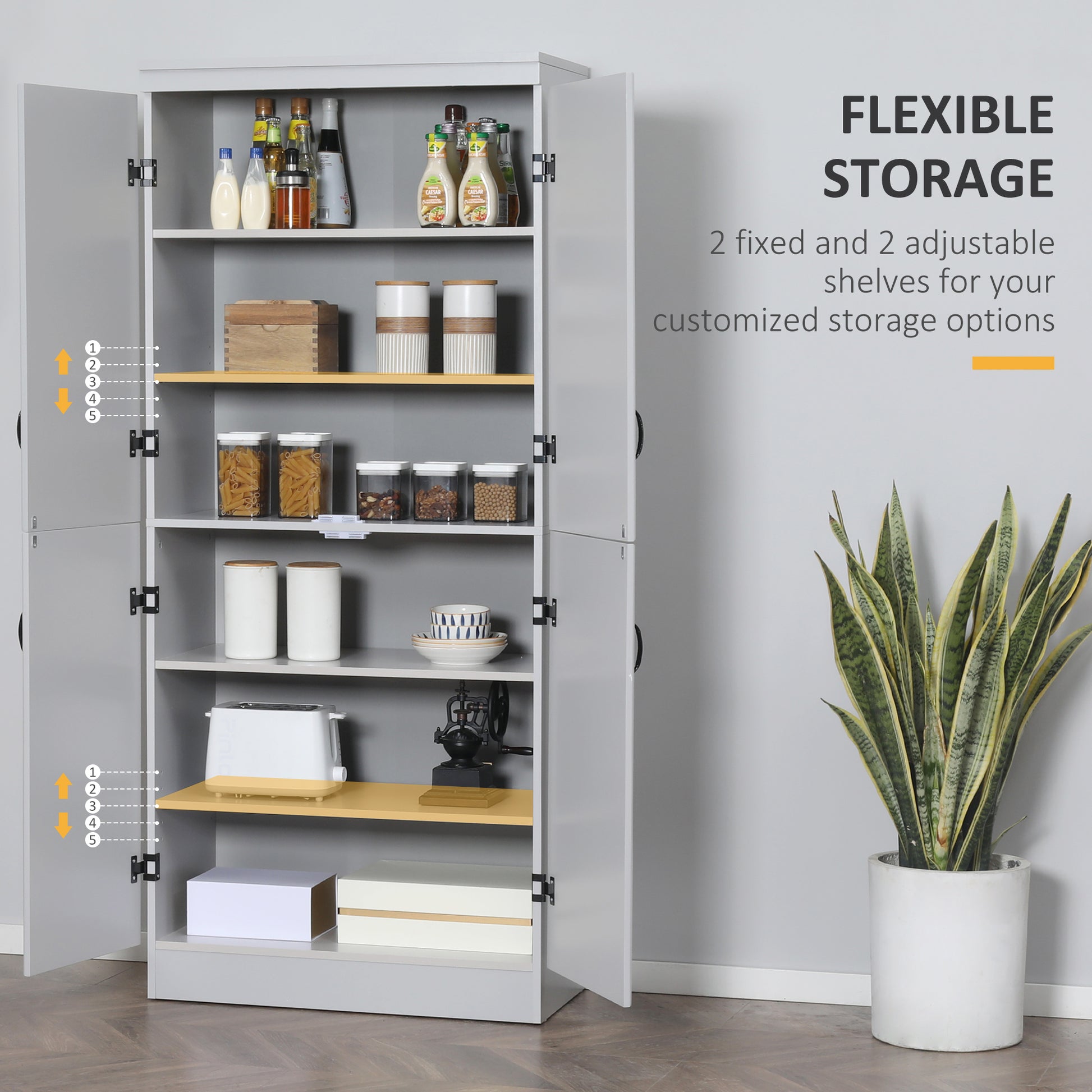 70" Kitchen Pantry, Tall Freestanding Storage Cabinet, 6 Tier Shelving With 2 Adjustable Shelves And 4 Doors For Dining Room, Gray Grey Mdf