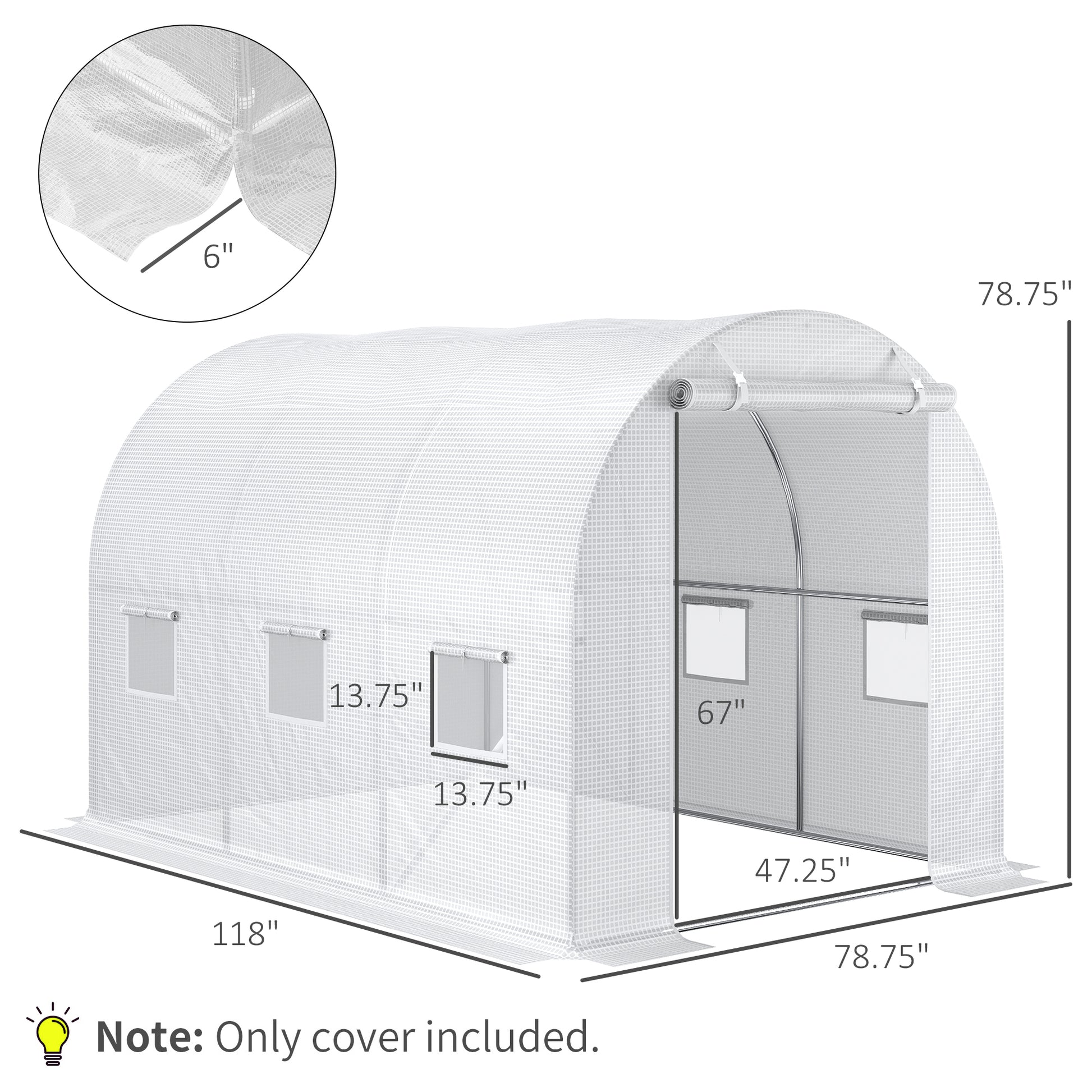 9.8' X 6.6' X 6.6' Plastic Greenhouse Cover Replacement, Heavy Duty Waterproof Tarp For Hoop House, Sheeting With 6 Windows, Door & Reinforcement Grid, White White Polyethylene