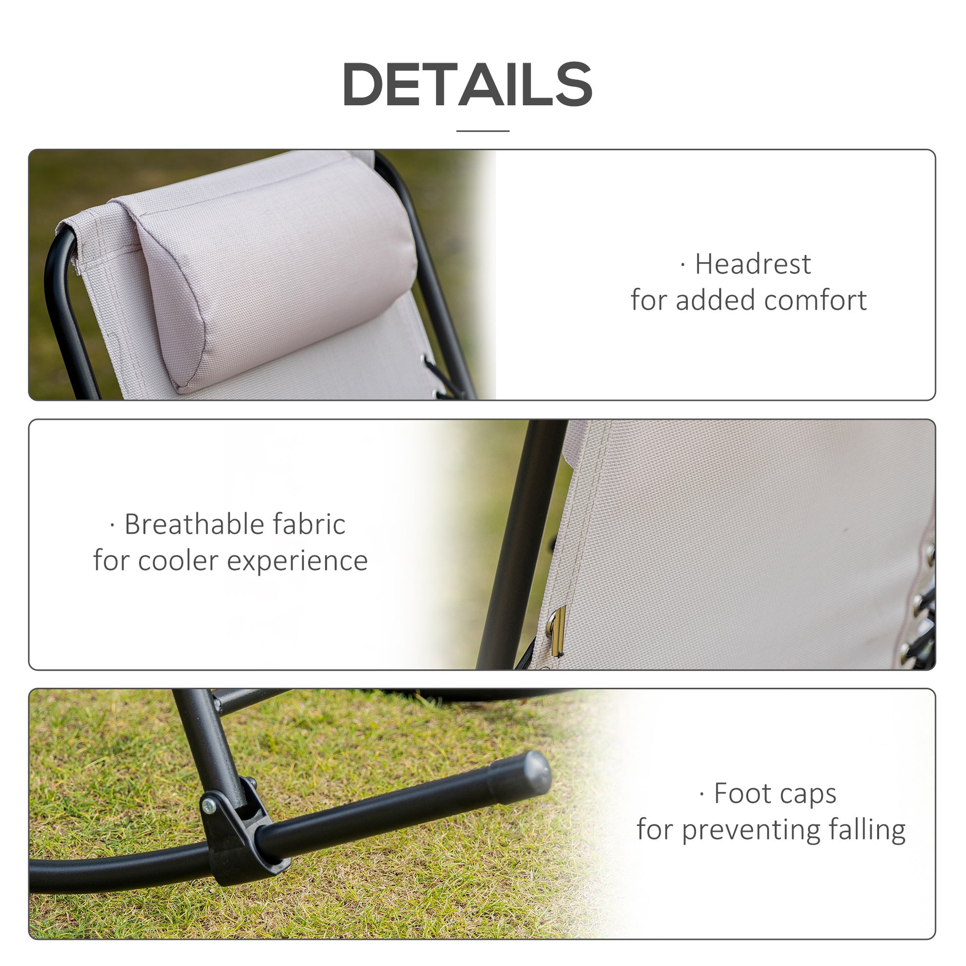 Oversized Folding Rocking Camping Chair Set Of 2, Outdoor Rockers With Headrests, Zero Gravity Bungee Lawn Chairs For 2 Adults, Cream White White Steel