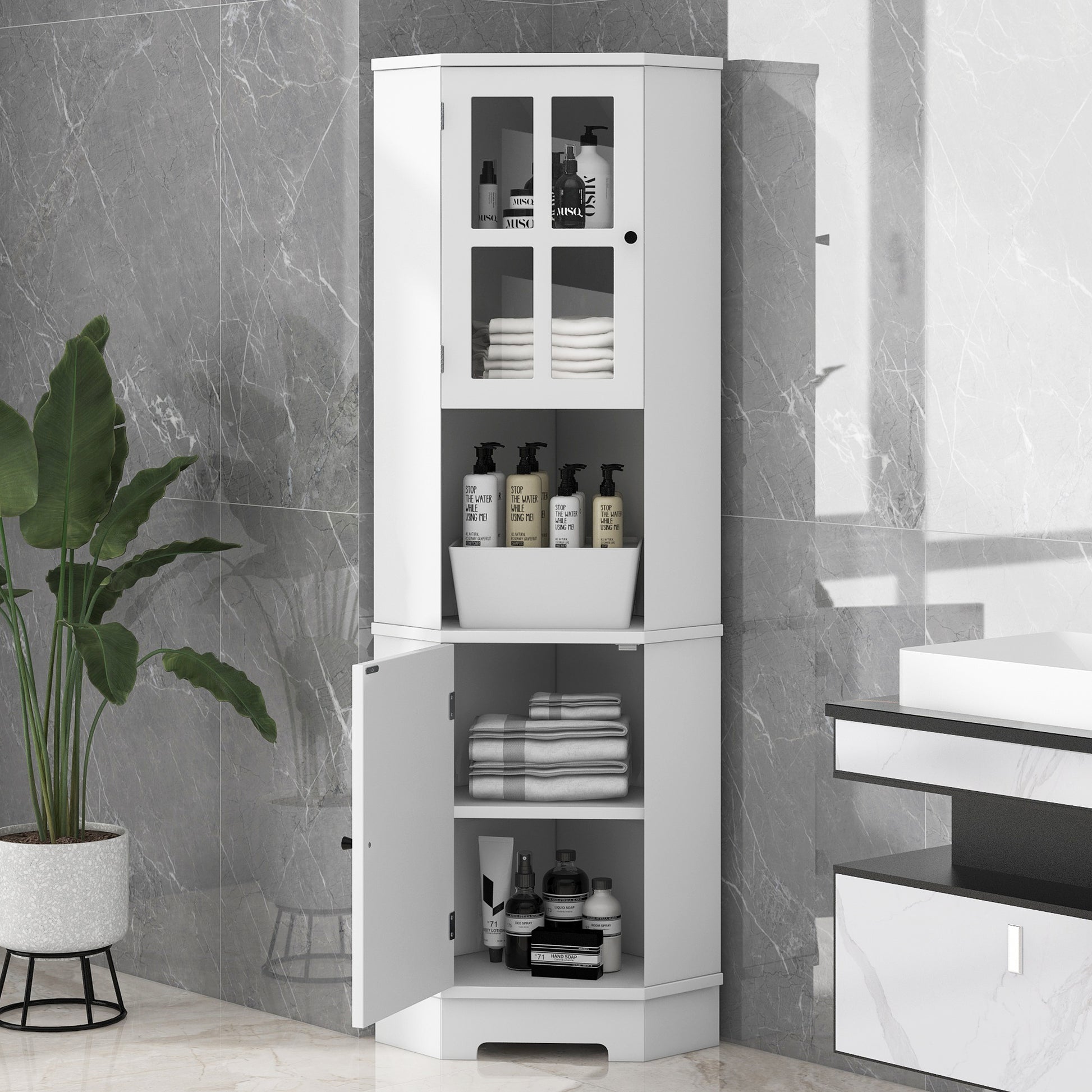 Tall Bathroom Storage Cabinet, Corner Cabinet with white-mdf