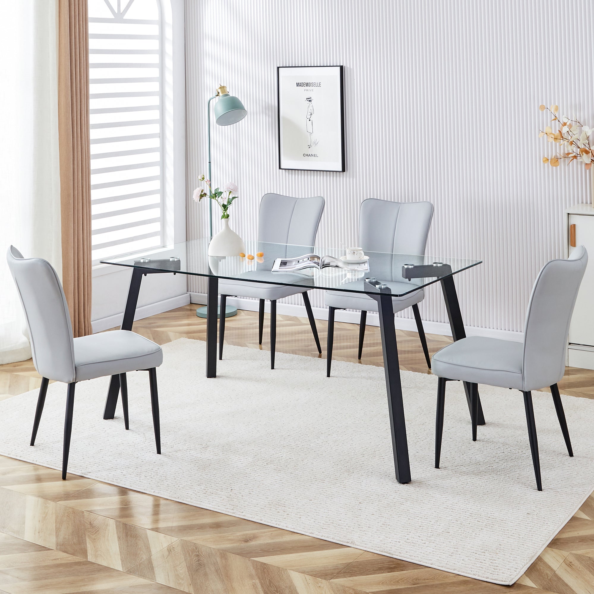 Table And Chair Set. 1 Table And 4 Light Grey Chairs. Glass Dining Table With 0.31 Inch Tempered Glass Tabletop And Black Coated Metal Legs. Equipped With Light Grey Pu Chairs 1123 008 Transparent Glass