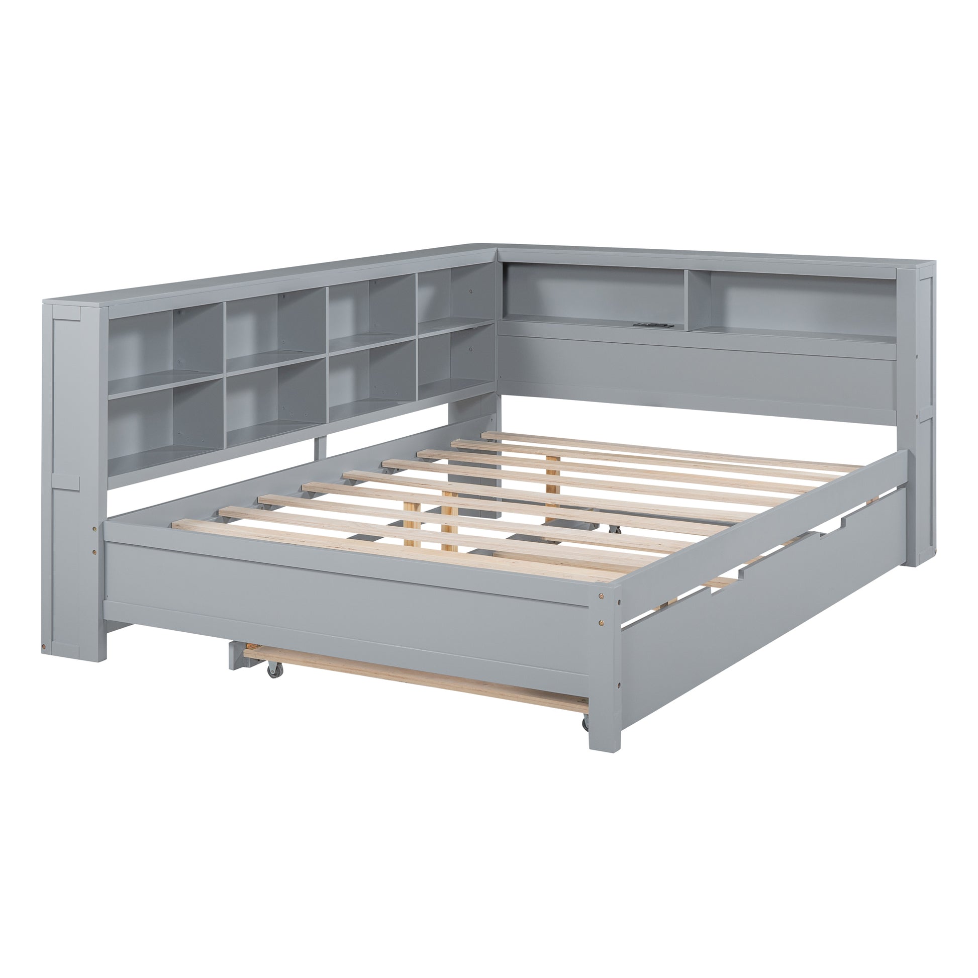 Wooden Full Size Daybed With Twin Size Trundle, Daybed With Storage Shelf And Usb Charging Ports,Grey Full Grey Wood